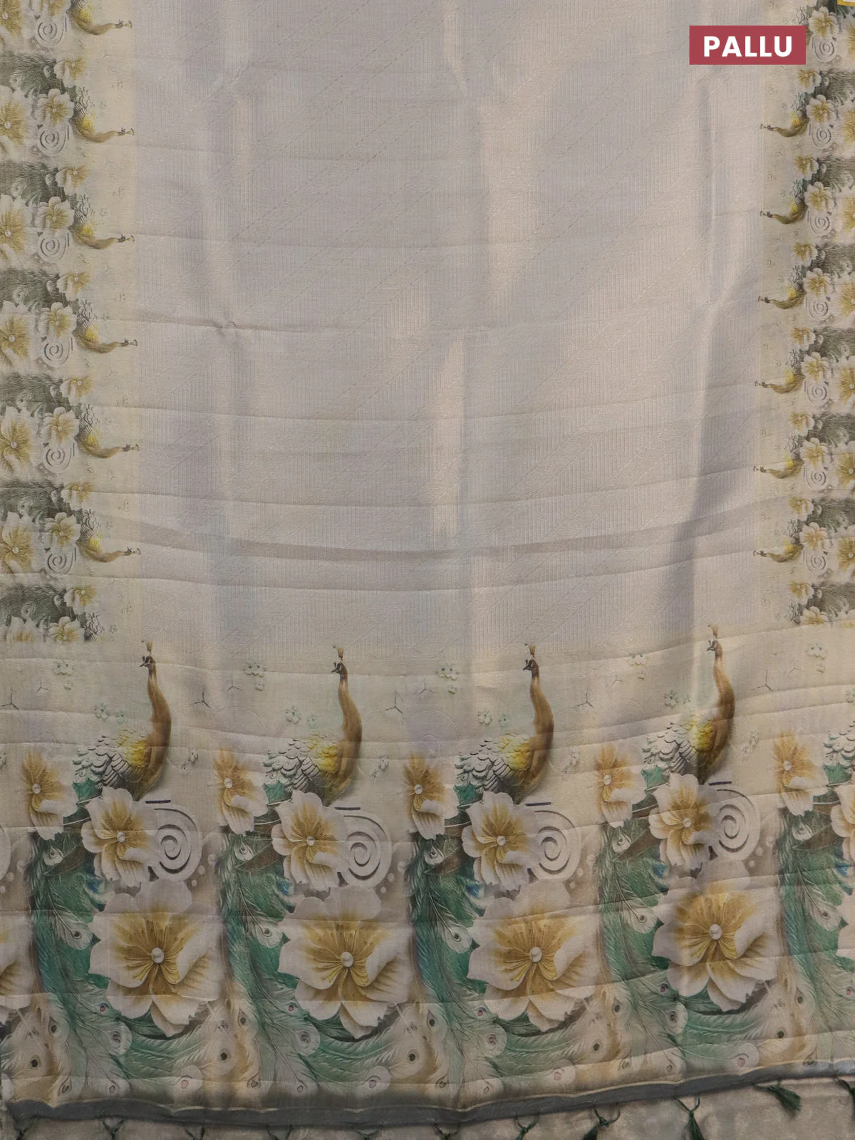 Tissue saree pastel grey with allover zari weaves and floral digital printed border - Image 3