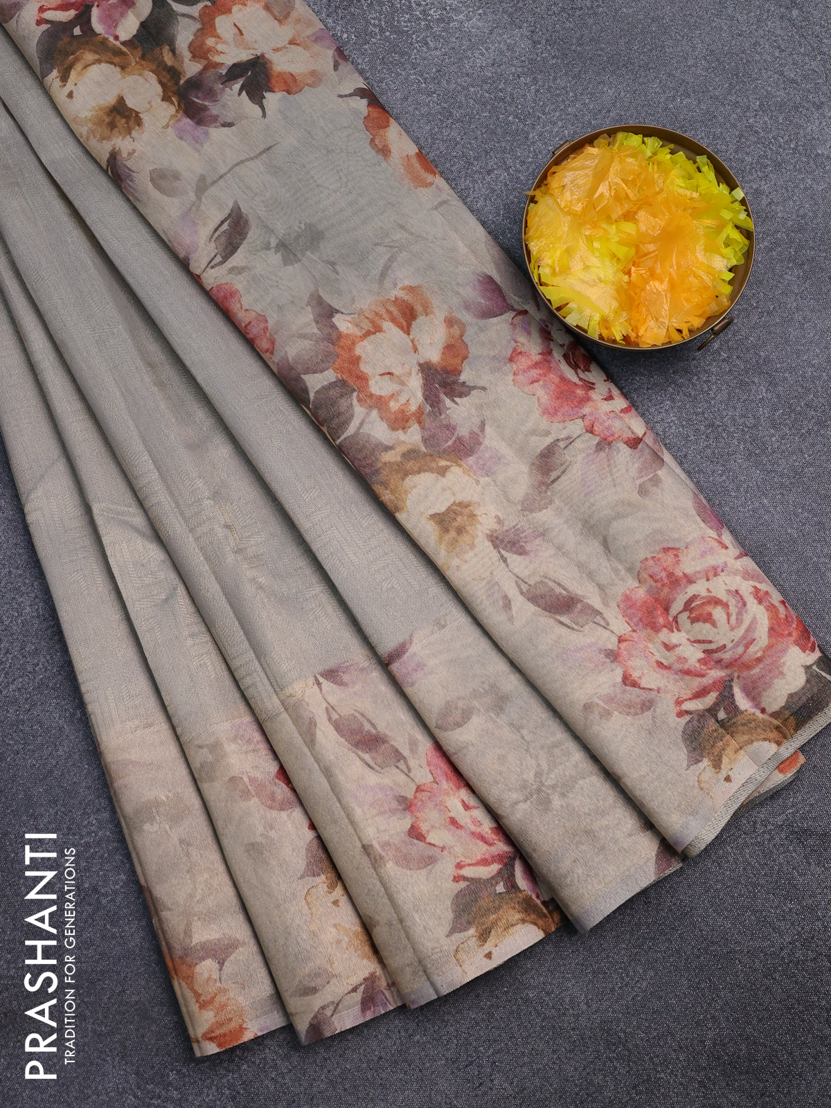 Tissue saree pastel grey with allover zari weaves and floral digital printed border