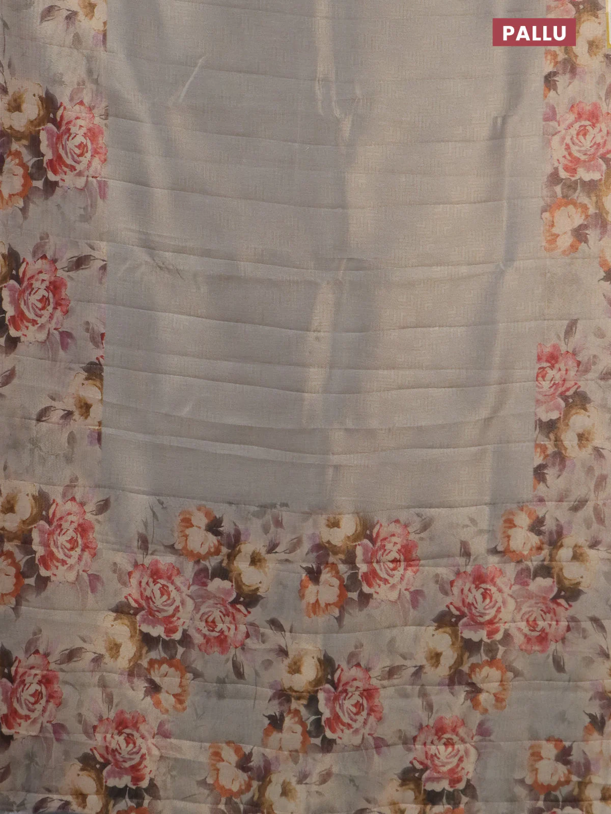Tissue saree pastel grey with allover zari weaves and floral digital printed border - Image 3