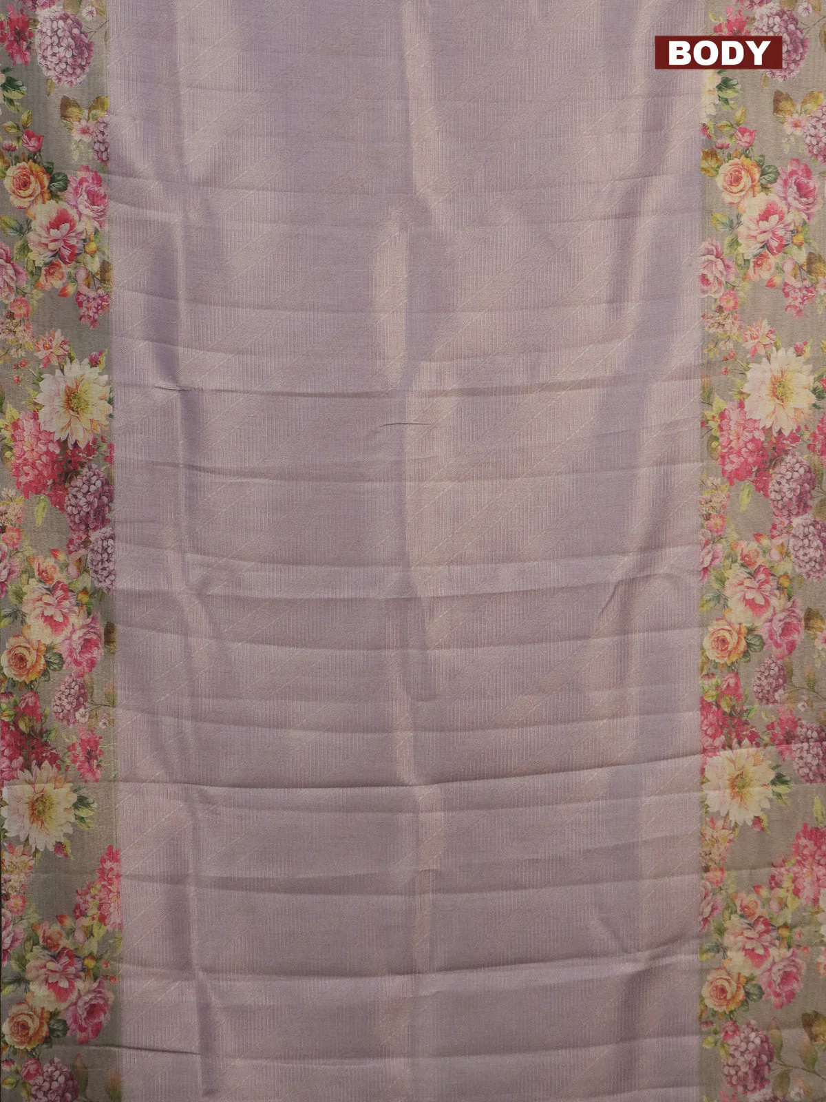 Tissue saree pastel lavender and grey shade with allover zari weaves and floral digital printed border - Image 2
