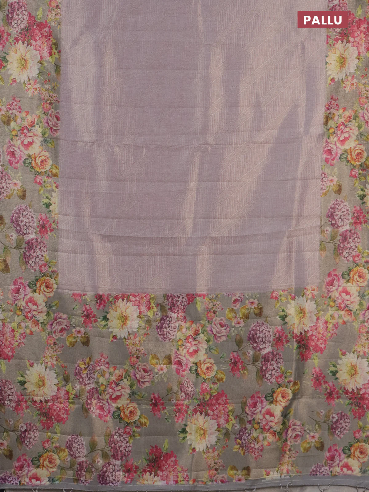 Tissue saree pastel lavender and grey shade with allover zari weaves and floral digital printed border - Image 3