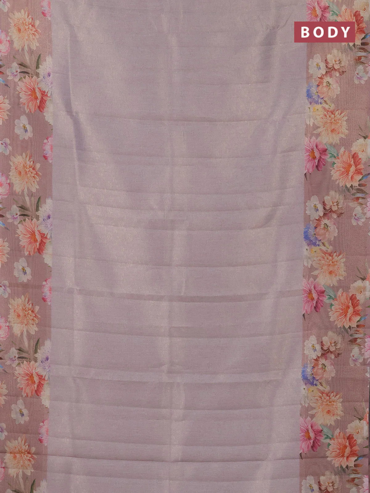 Tissue saree pastel lavender and pastel pink with allover zari weaves and floral digital printed border - Image 2