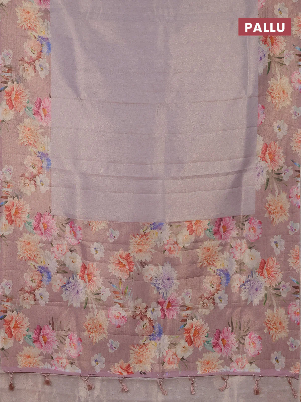 Tissue saree pastel lavender and pastel pink with allover zari weaves and floral digital printed border - Image 3