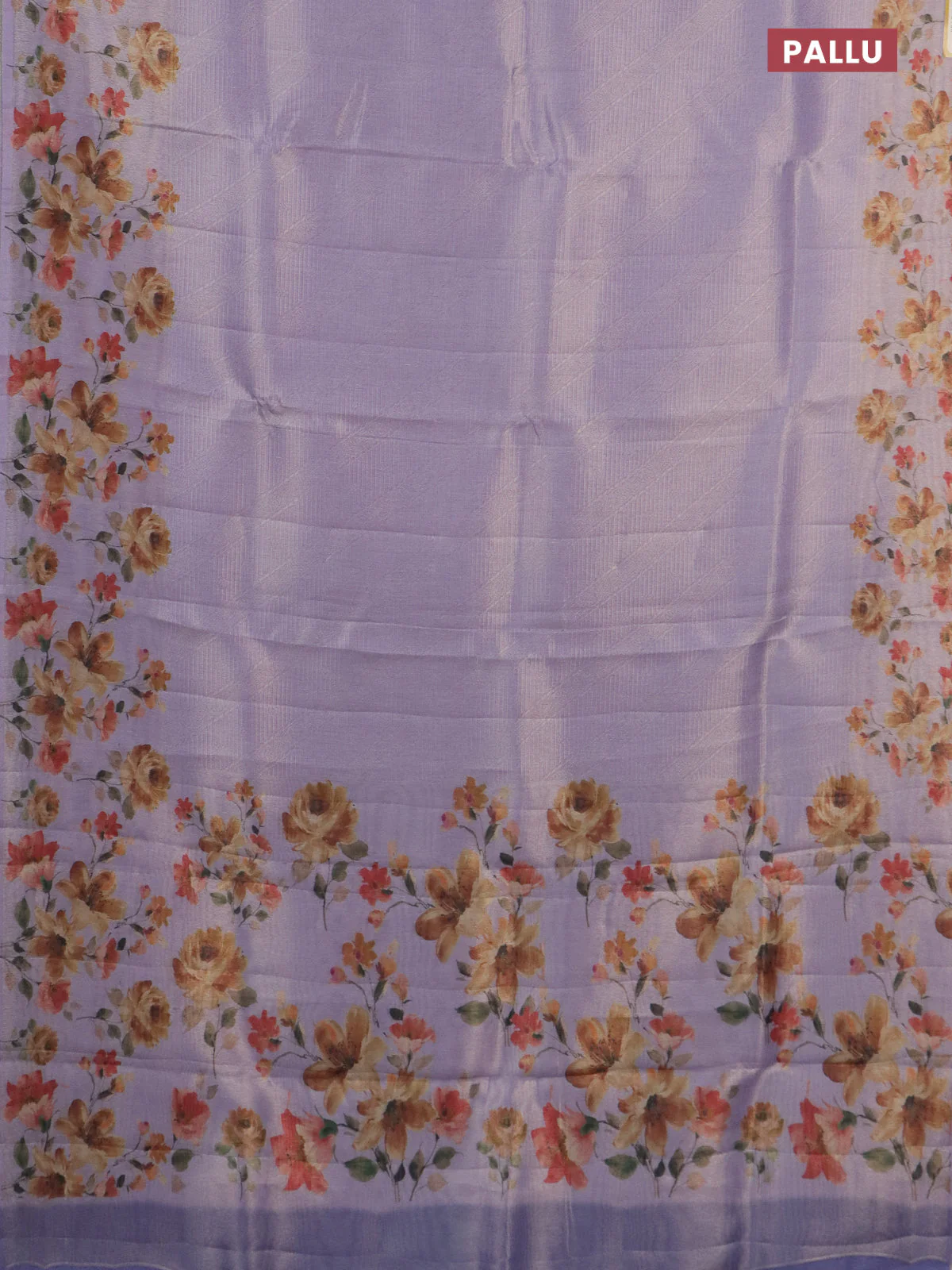 Tissue saree pastel lavender with allover zari weaves and floral digital printed border - Image 3