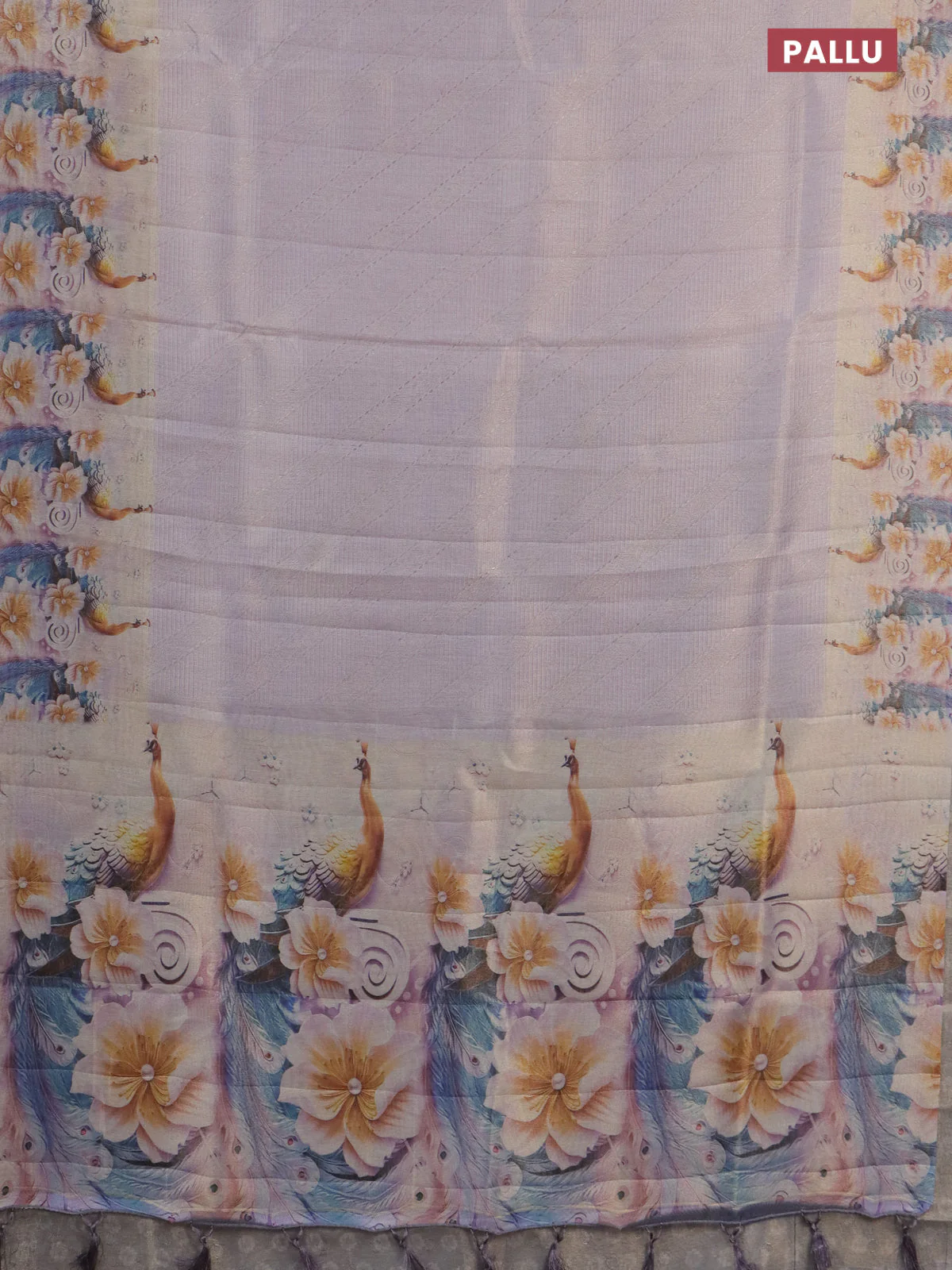 Tissue saree pastel lavender with allover zari weaves and floral digital printed border - Image 3