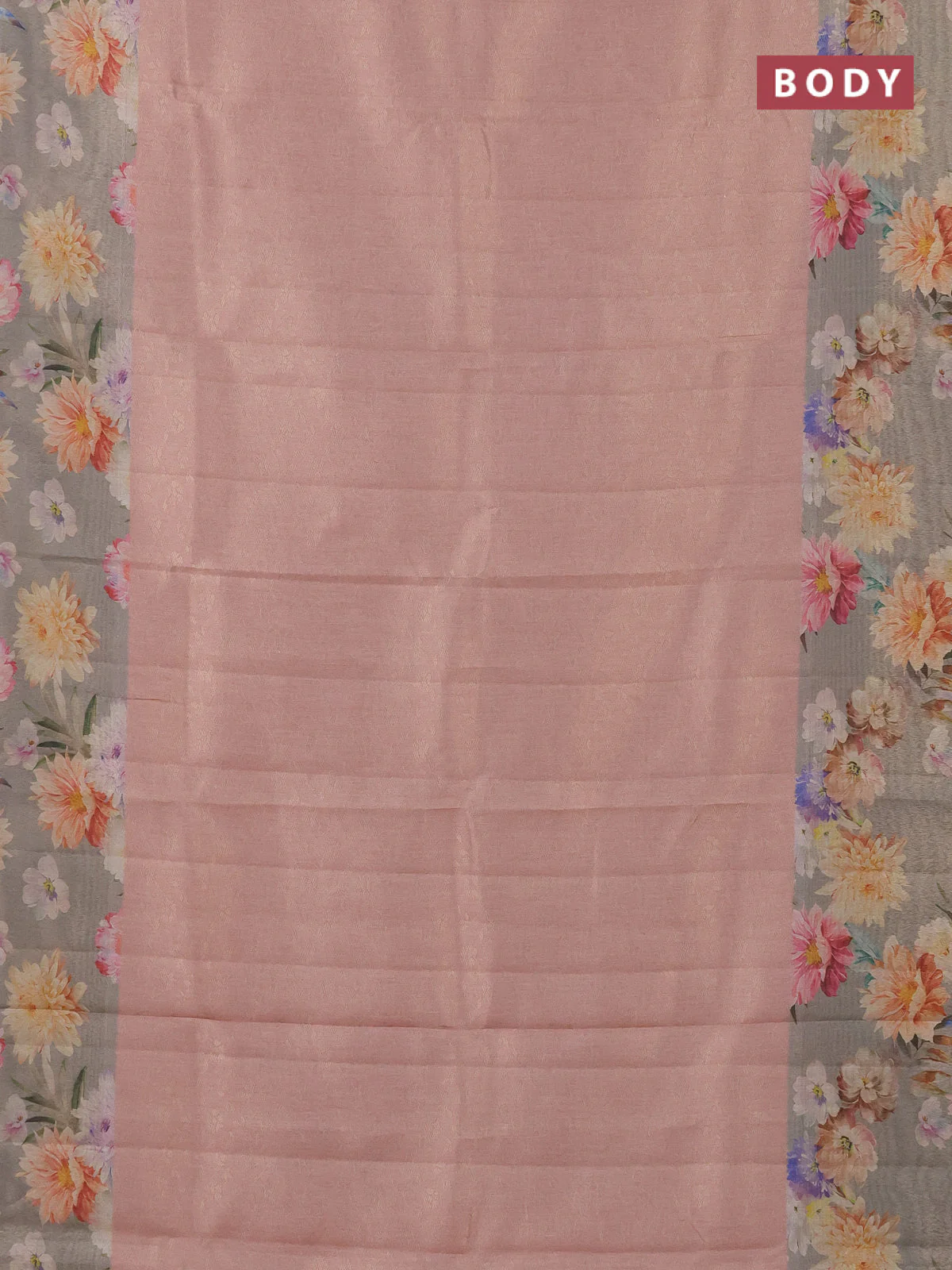 Tissue saree pastel peach and grey with allover zari weaves and floral digital printed border - Image 2