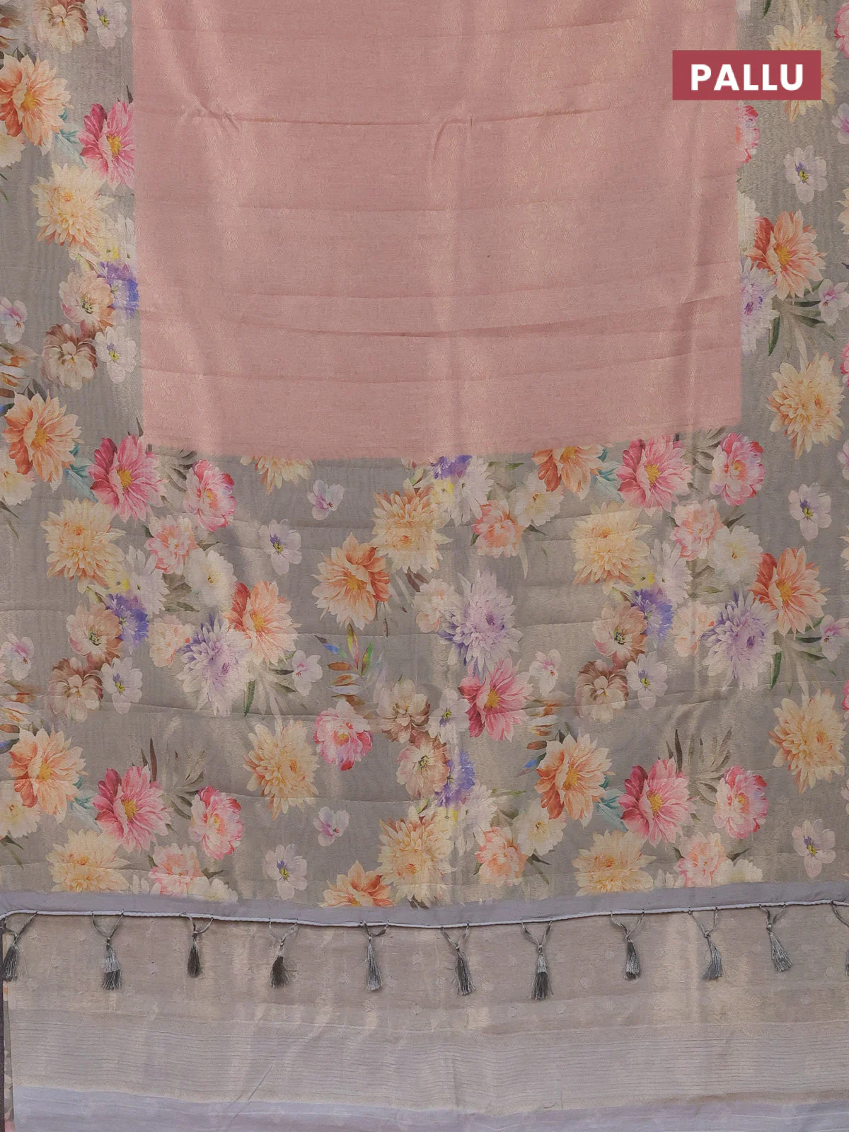 Tissue saree pastel peach and grey with allover zari weaves and floral digital printed border - Image 3