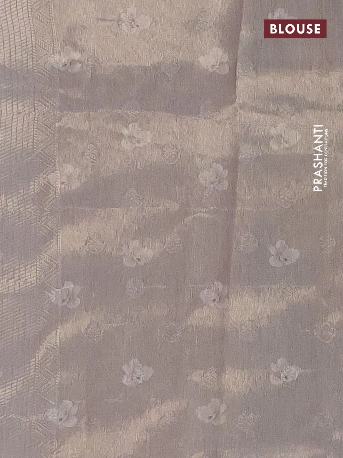 Tissue saree pastel peach and grey with allover zari weaves and floral digital printed border - Image 4