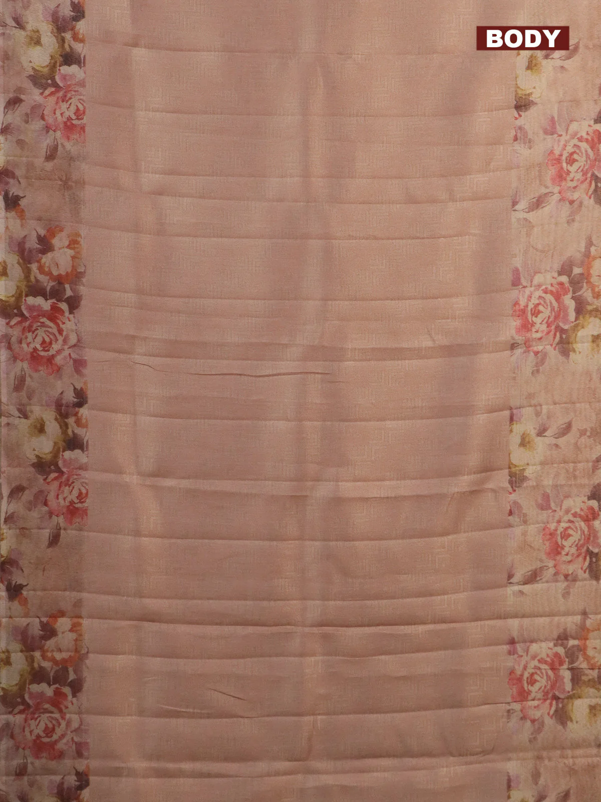 Tissue saree pastel peach with allover zari weaves and floral digital printed border - Image 2