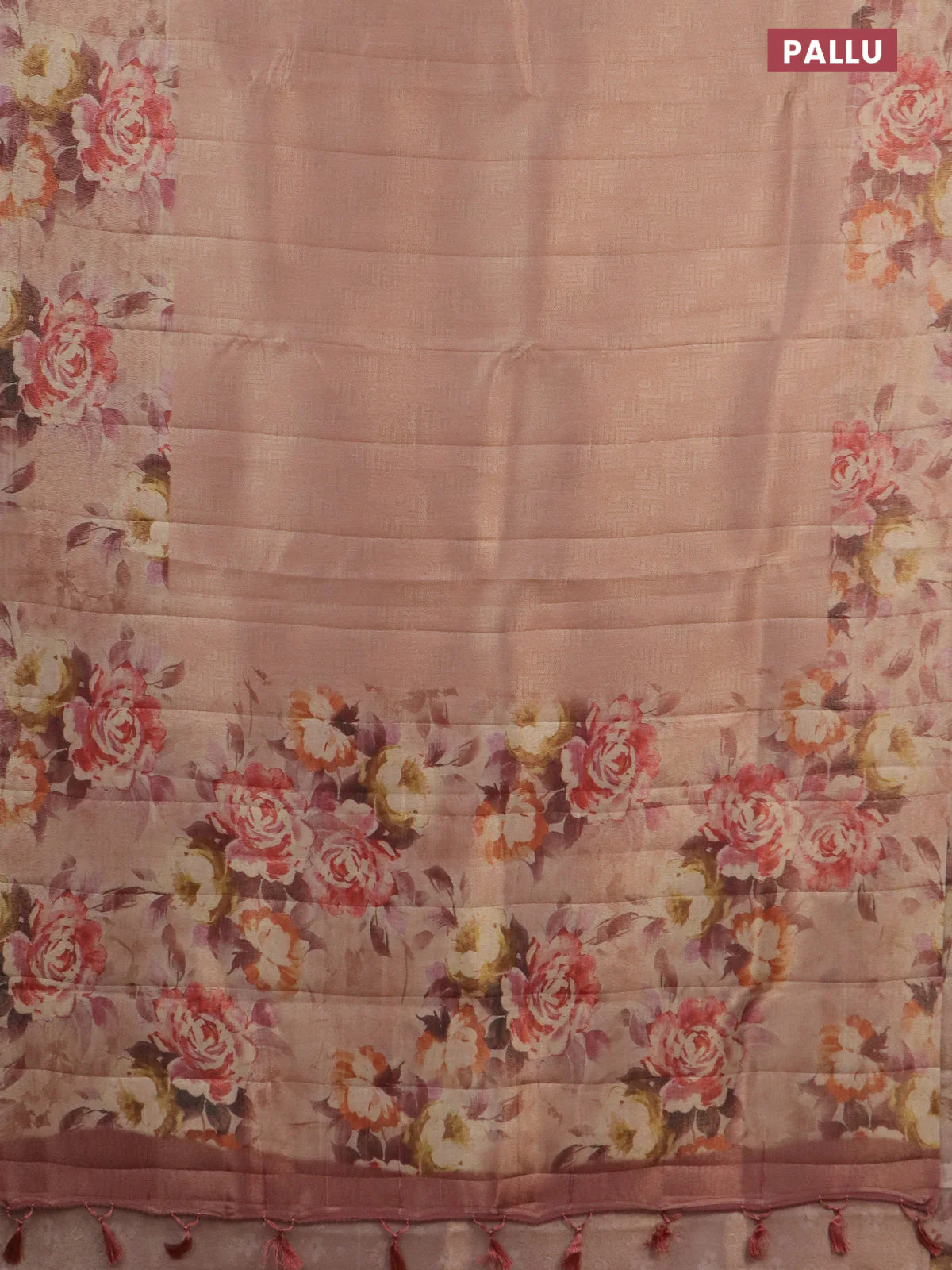 Tissue saree pastel peach with allover zari weaves and floral digital printed border - Image 3
