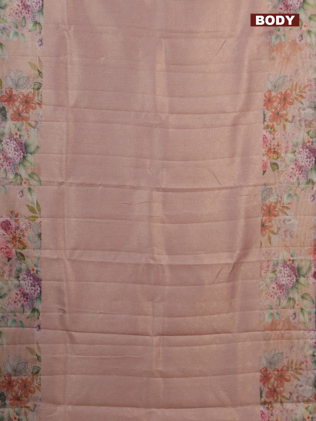 Tissue saree pastel peach with allover zari weaves and floral digital printed border - Image 2