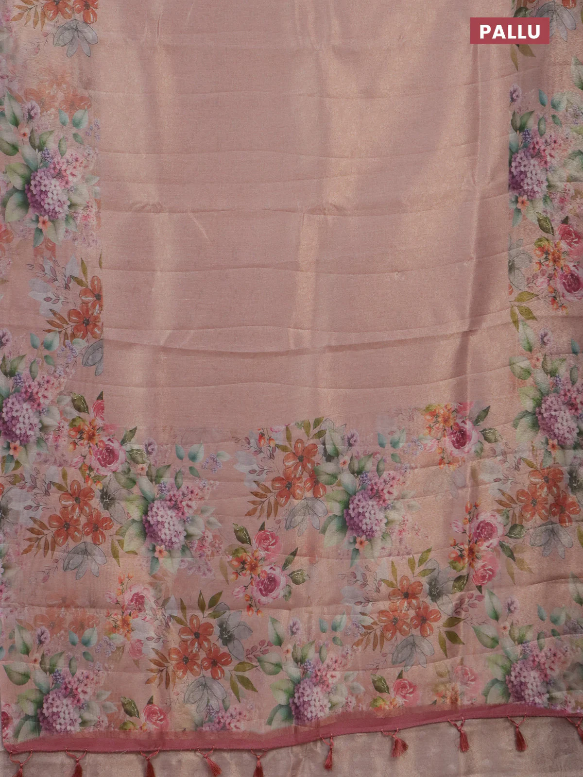 Tissue saree pastel peach with allover zari weaves and floral digital printed border - Image 3