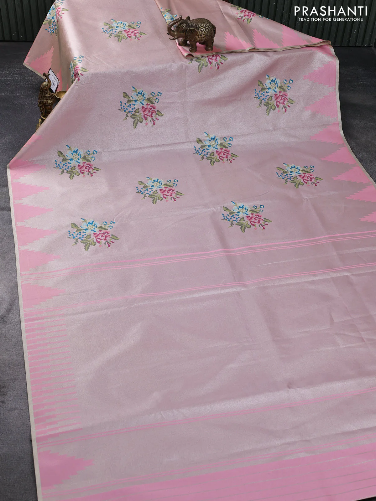 Tissue saree pastel pink with embroidery work buttas and temple design zari border - Image 2