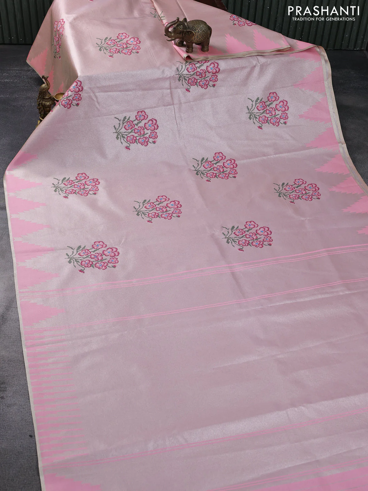 Tissue saree pastel pink with embroidery work buttas and temple design zari border - Image 2