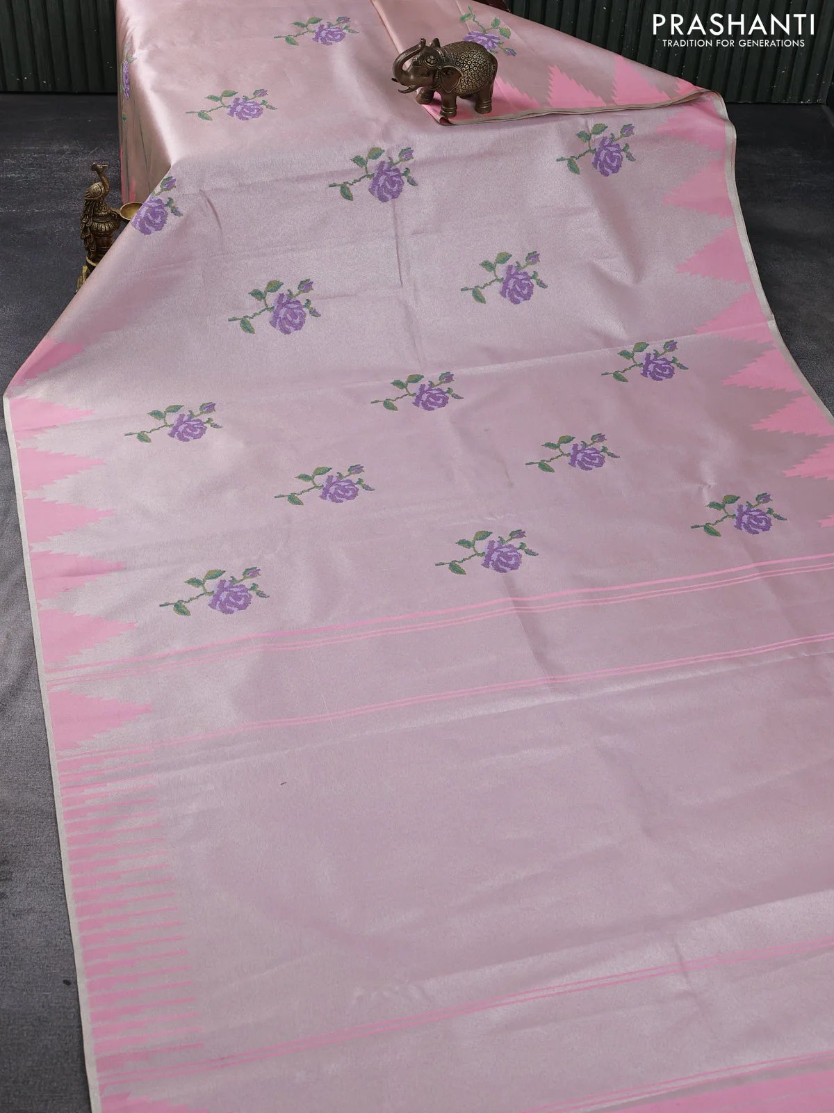 Tissue saree pastel pink with embroidery work buttas and temple design zari border - Image 2