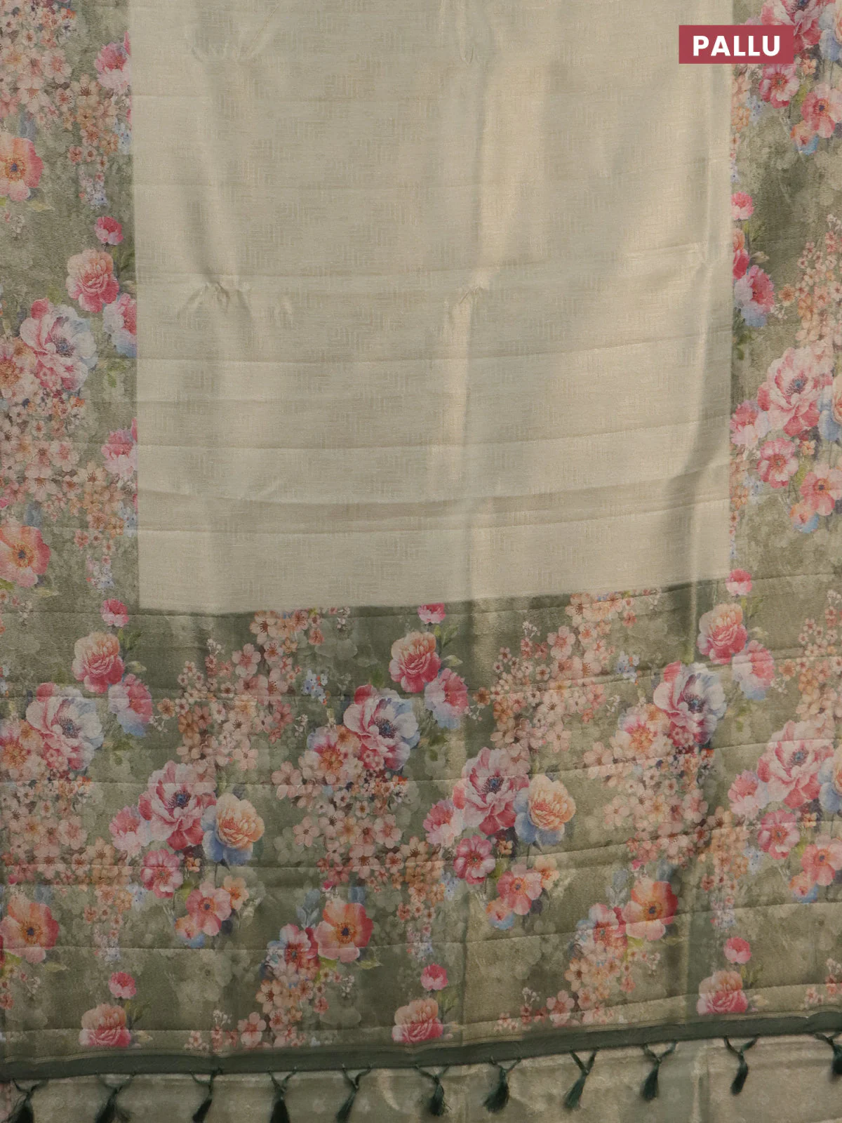 Tissue saree pastel pista green and green shade with allover zari weaves and floral digital printed border - Image 3