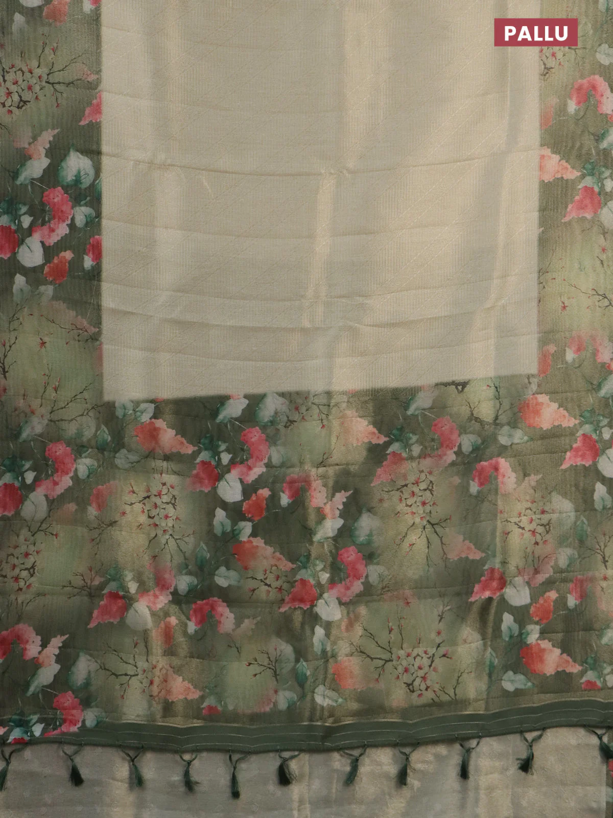 Tissue saree pastel pista green and green with allover zari weaves and floral digital printed border - Image 3
