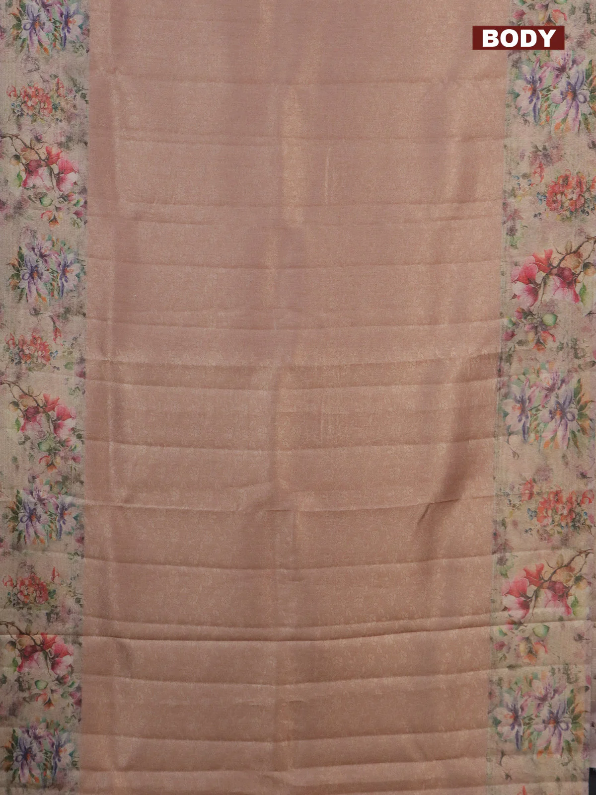 Tissue saree peach orange with allover zari weaves and floral digital printed border - Image 2