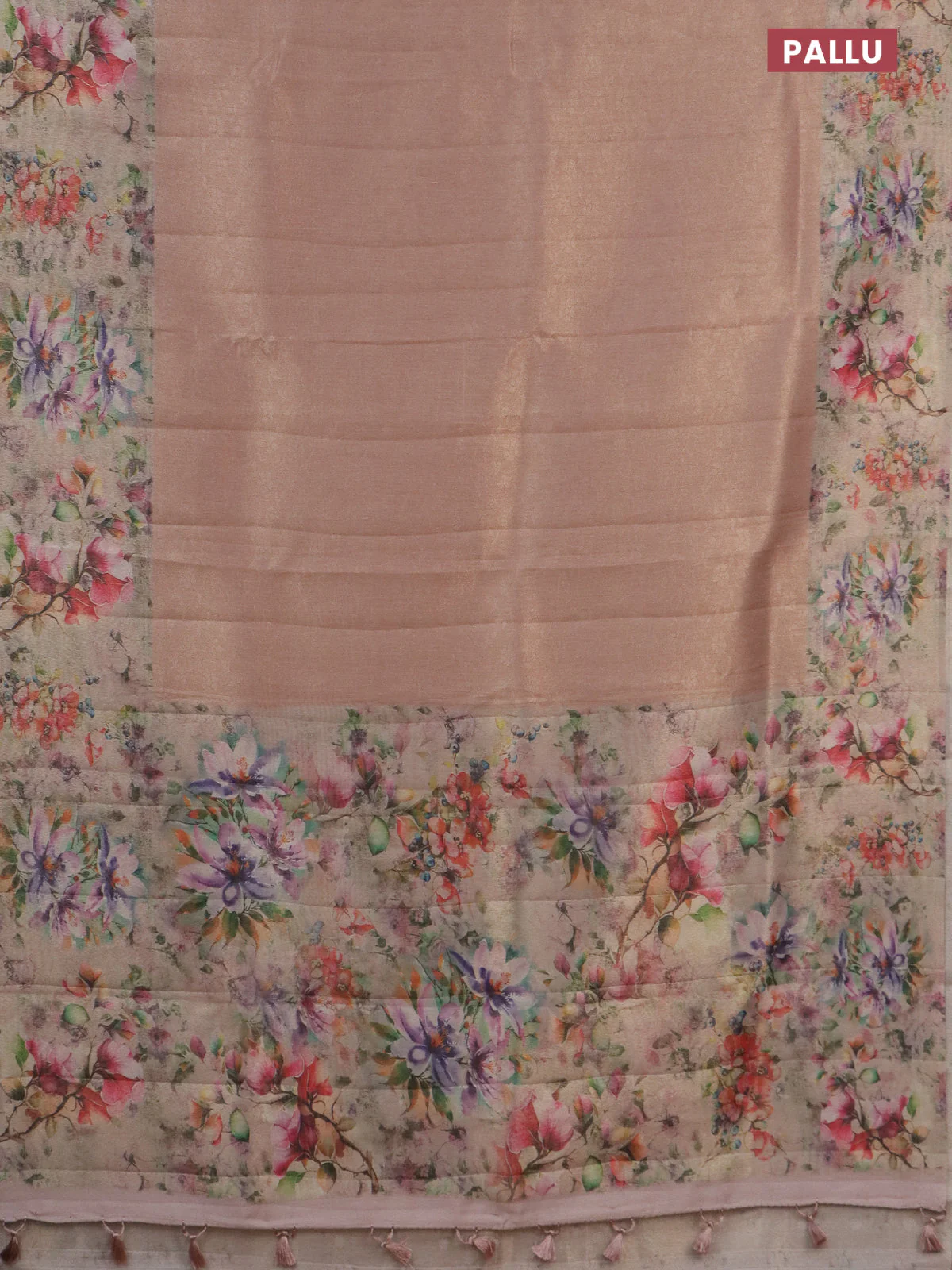 Tissue saree peach orange with allover zari weaves and floral digital printed border - Image 3
