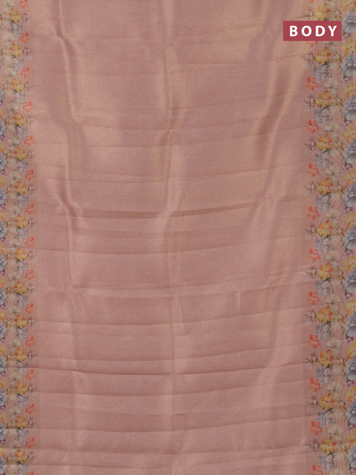 Tissue saree peach orange with allover zari weaves and floral digital printed border - Image 2