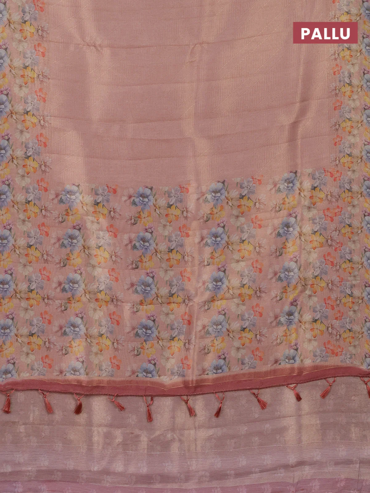 Tissue saree peach orange with allover zari weaves and floral digital printed border - Image 3