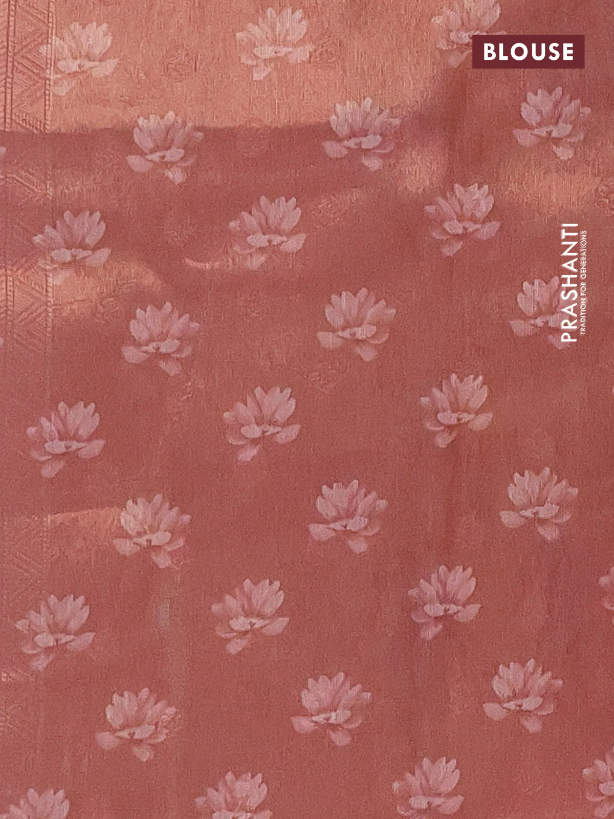 Tissue saree peach orange with allover zari weaves and floral digital printed border - Image 4