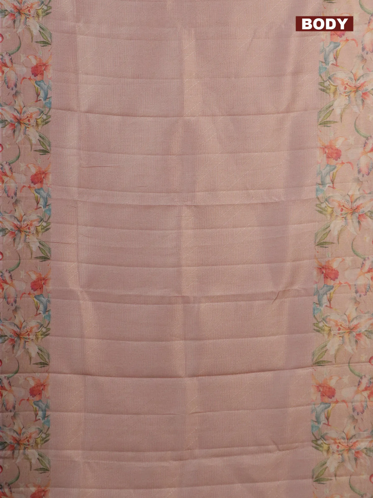 Tissue saree peach orange with allover zari weaves and floral digital printed border - Image 2