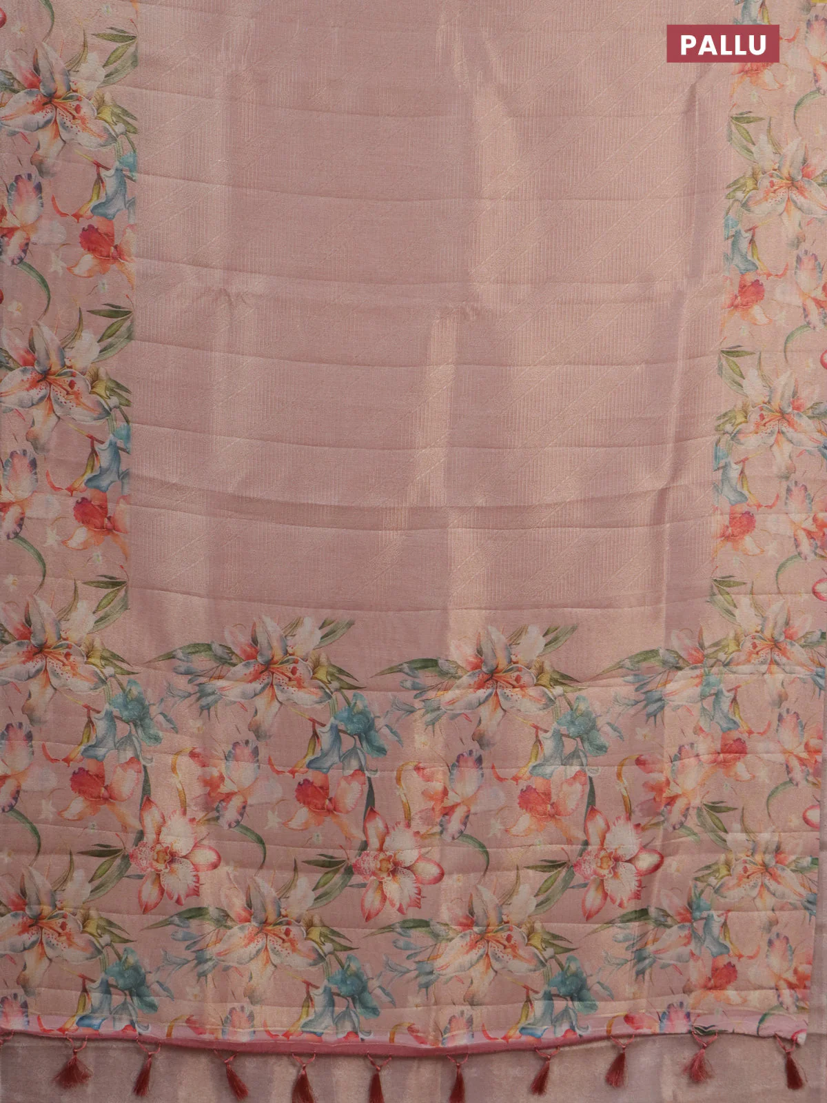 Tissue saree peach orange with allover zari weaves and floral digital printed border - Image 3
