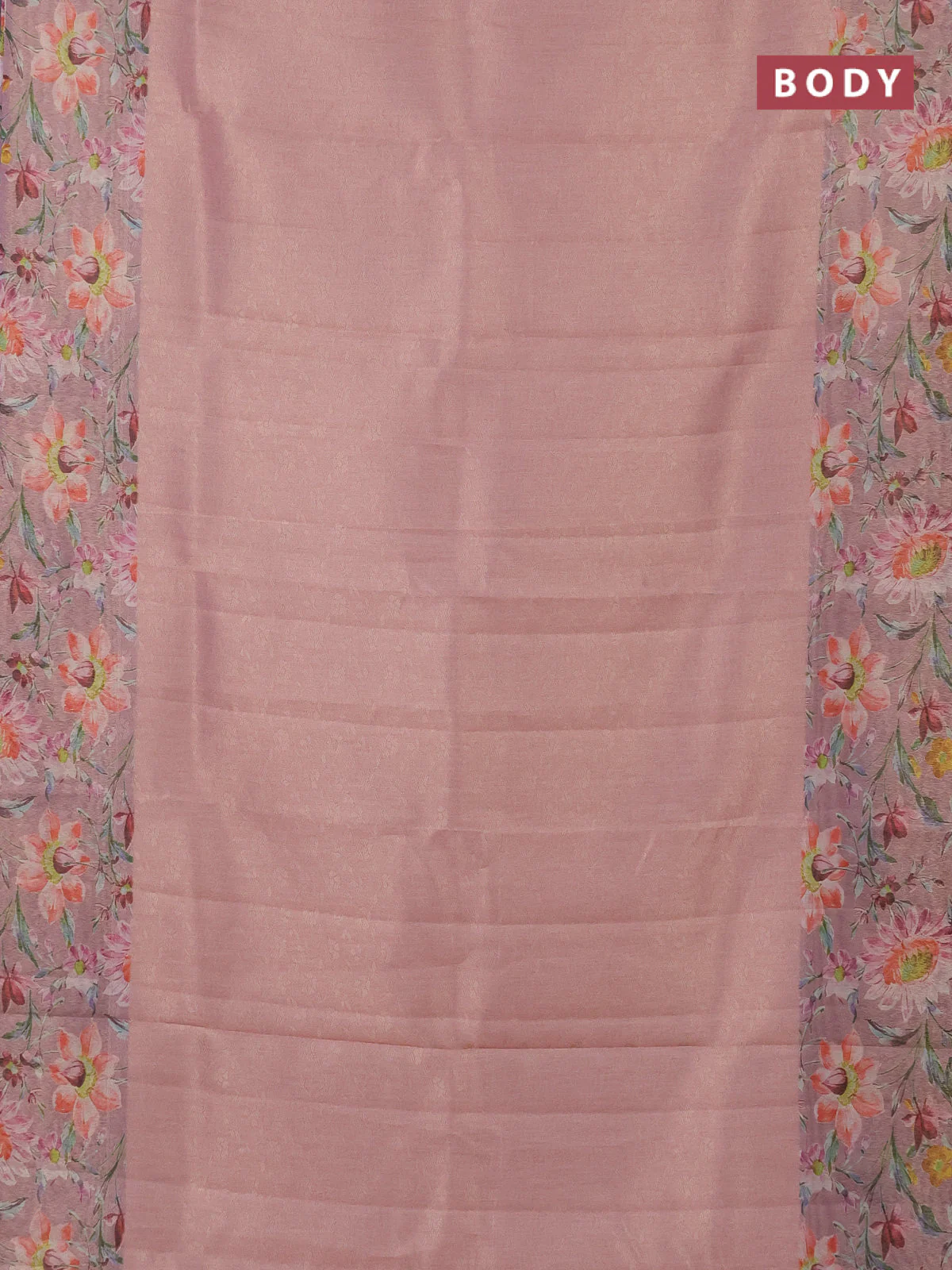 Tissue saree peach pink with allover zari weaves and floral digital printed border - Image 2