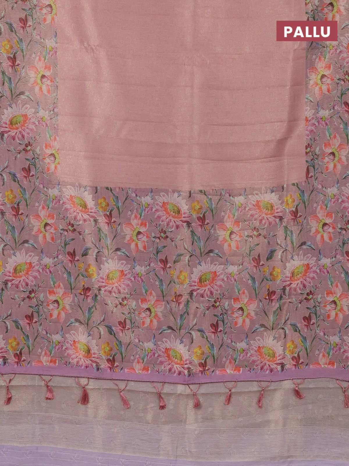 Tissue saree peach pink with allover zari weaves and floral digital printed border - Image 3