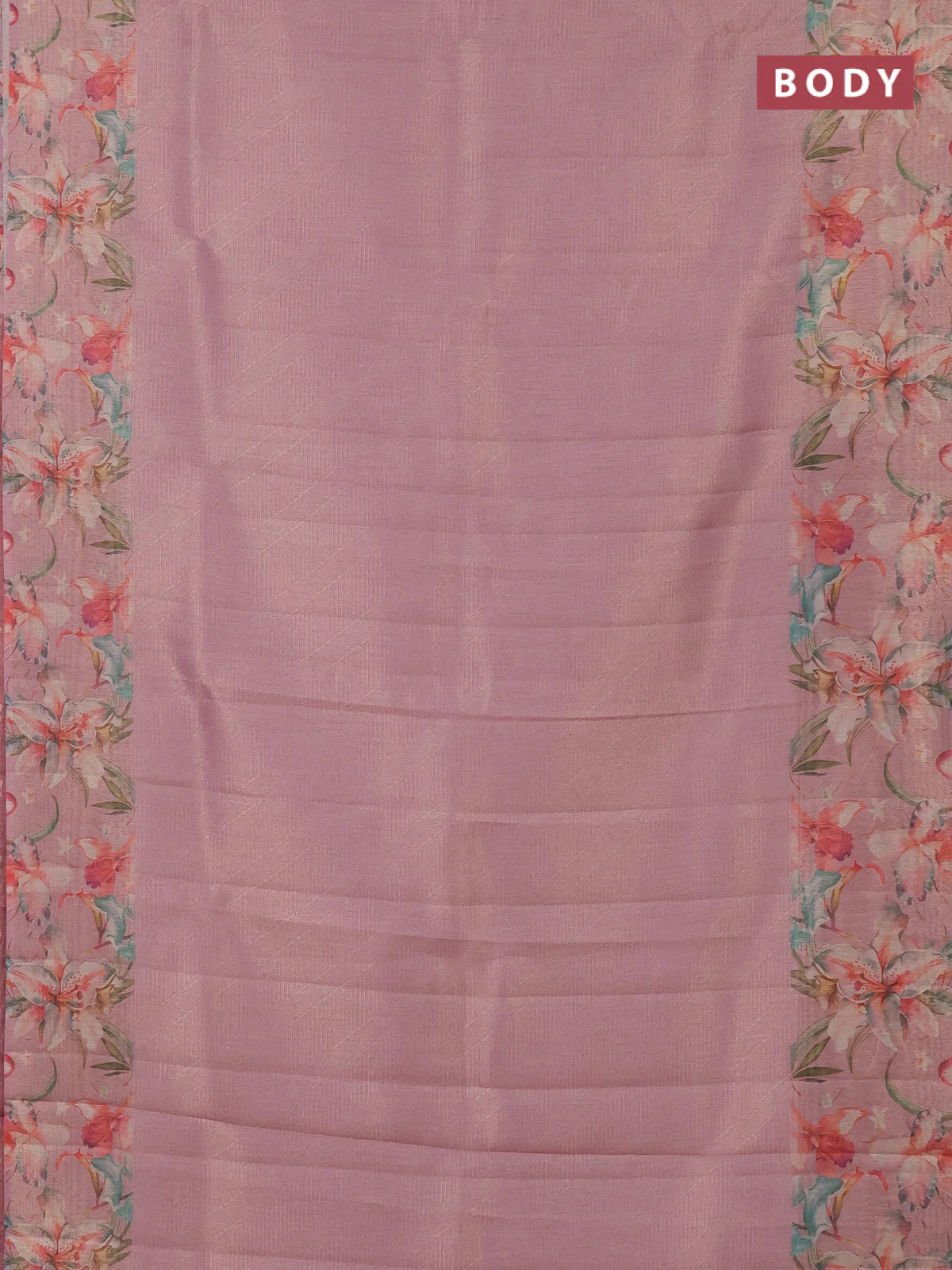 Tissue saree peach pink with allover zari weaves and floral digital printed border - Image 2