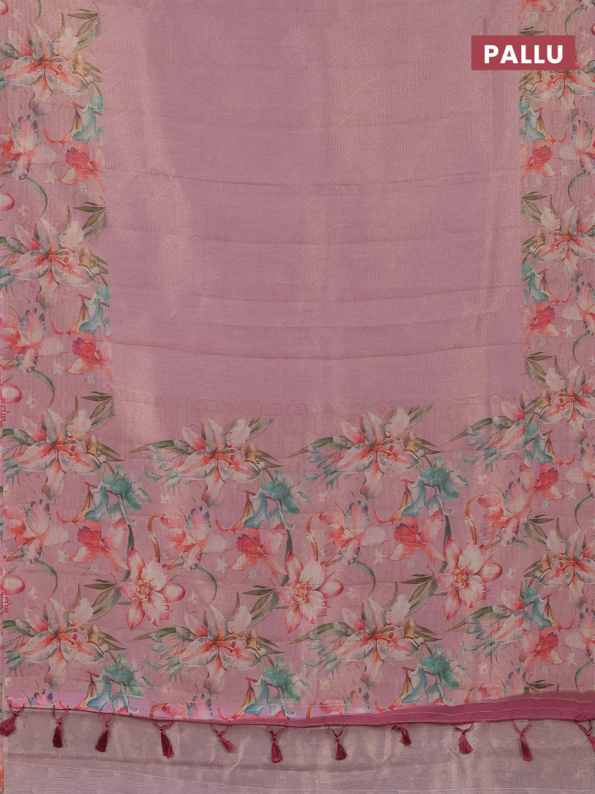 Tissue saree peach pink with allover zari weaves and floral digital printed border - Image 3