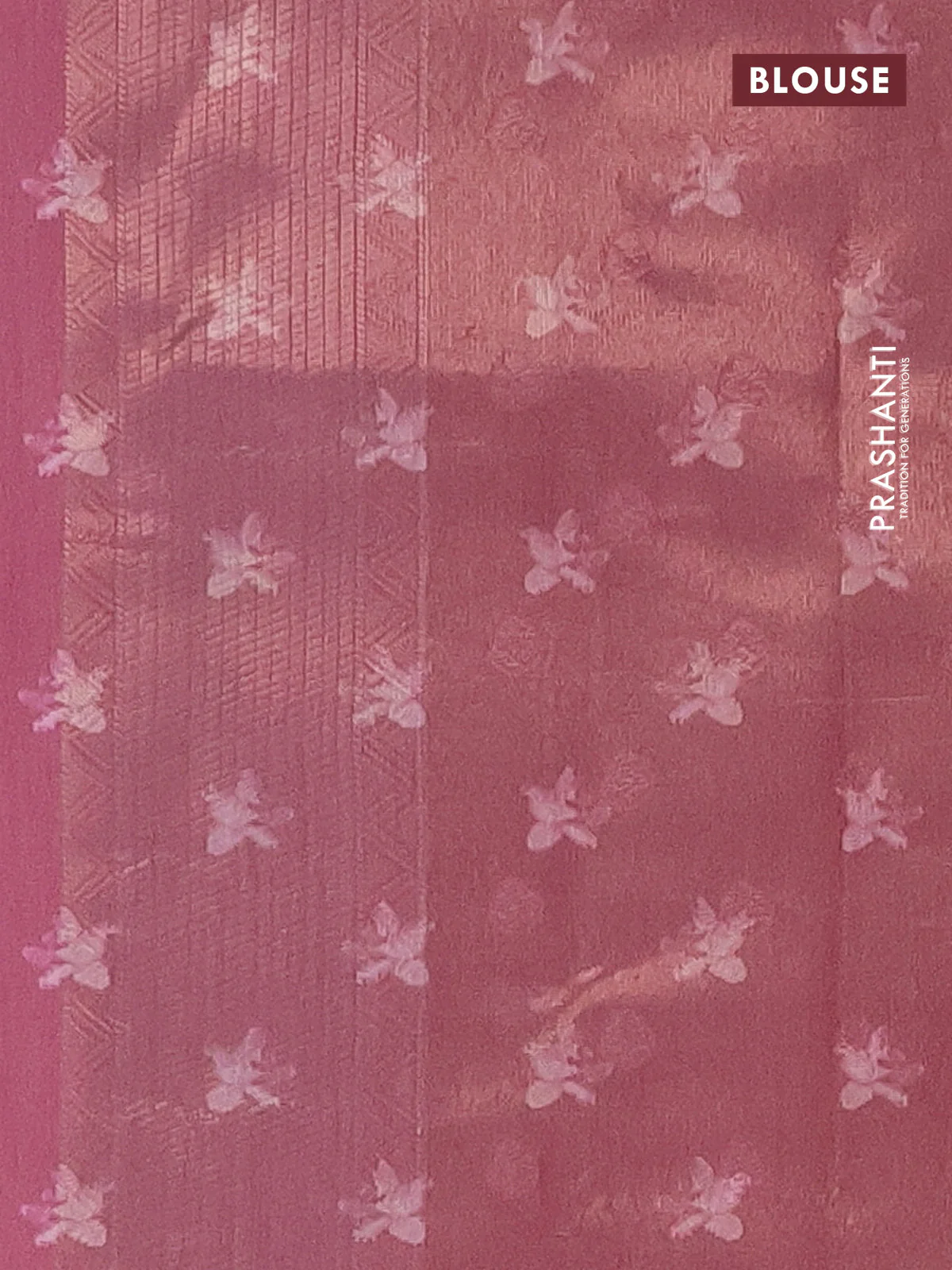 Tissue saree peach pink with allover zari weaves and floral digital printed border - Image 4