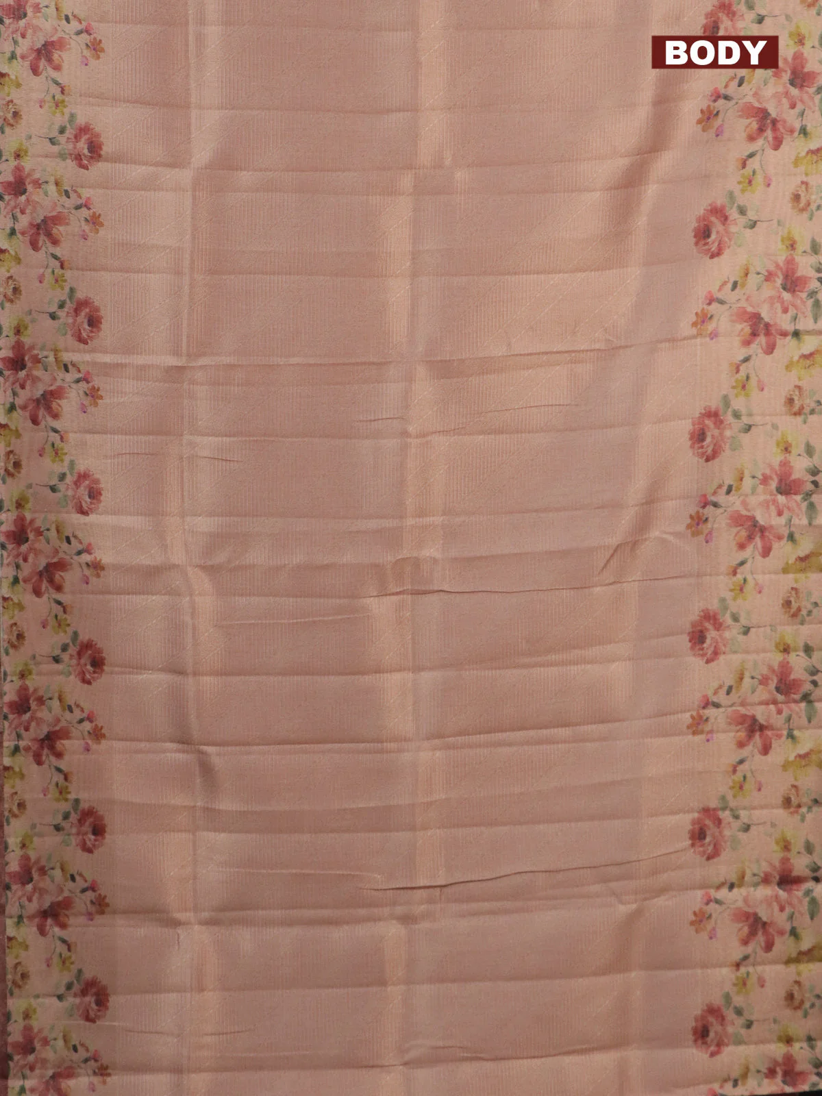 Tissue saree peach shade with allover zari weaves and floral digital printed border - Image 2