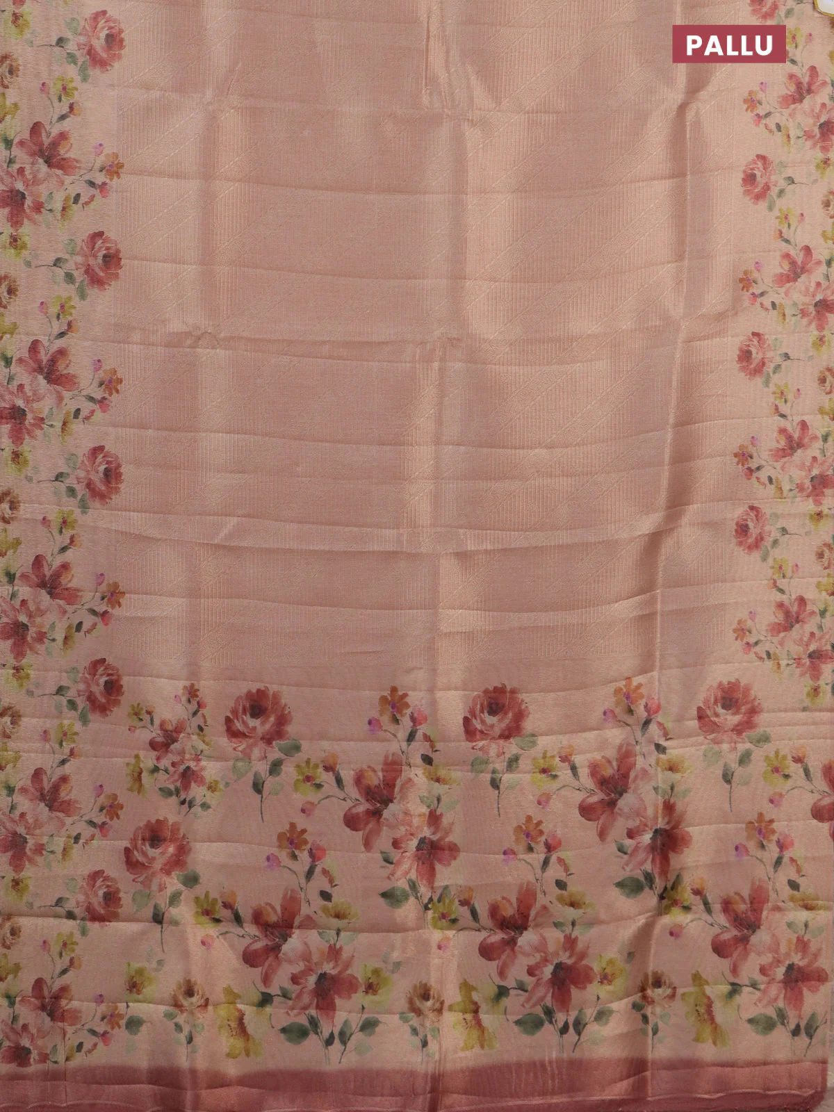 Tissue saree peach shade with allover zari weaves and floral digital printed border - Image 3