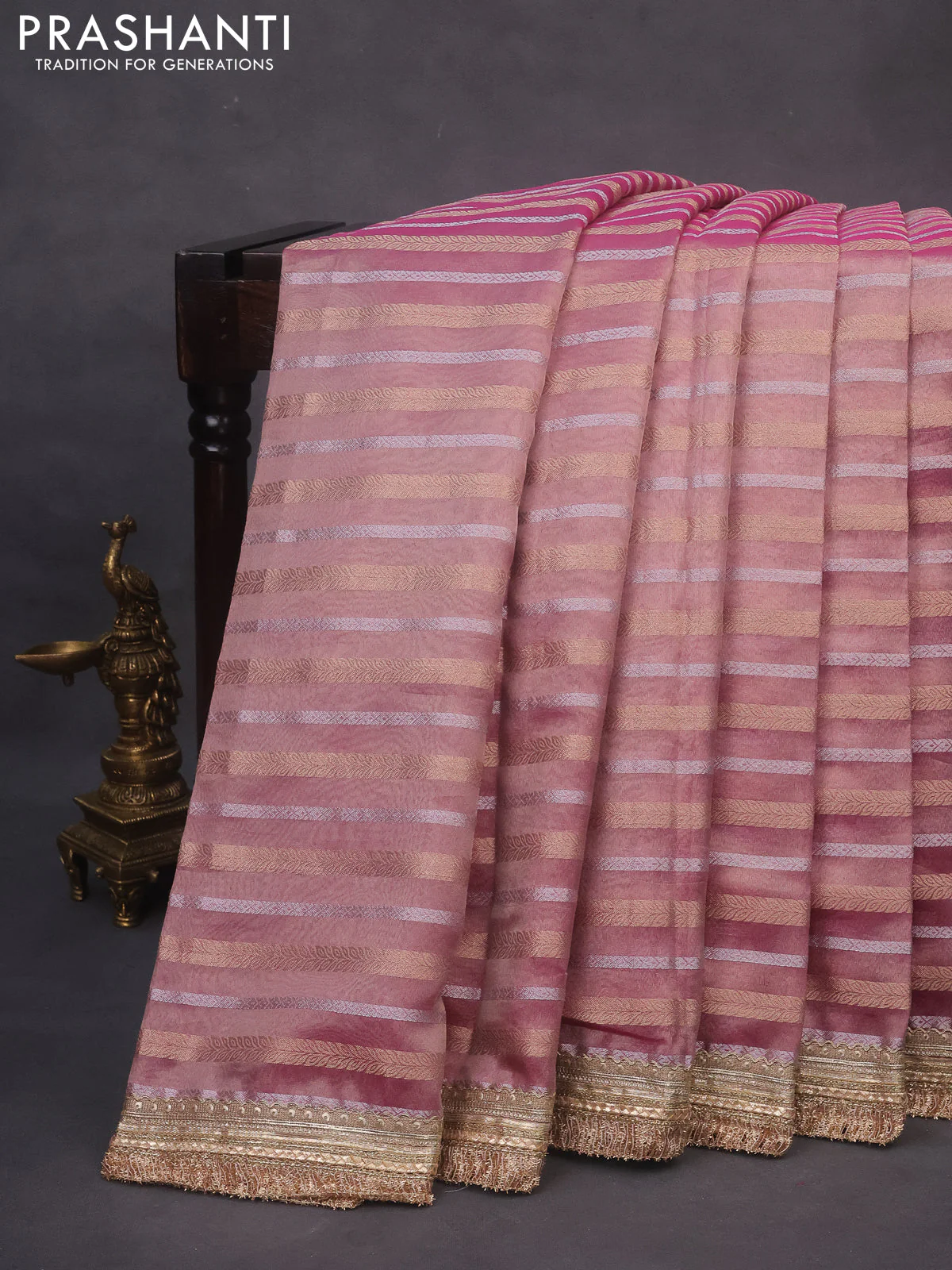 Tissue saree pink with allover silver & gold zari weaves and lace work border - Image 2
