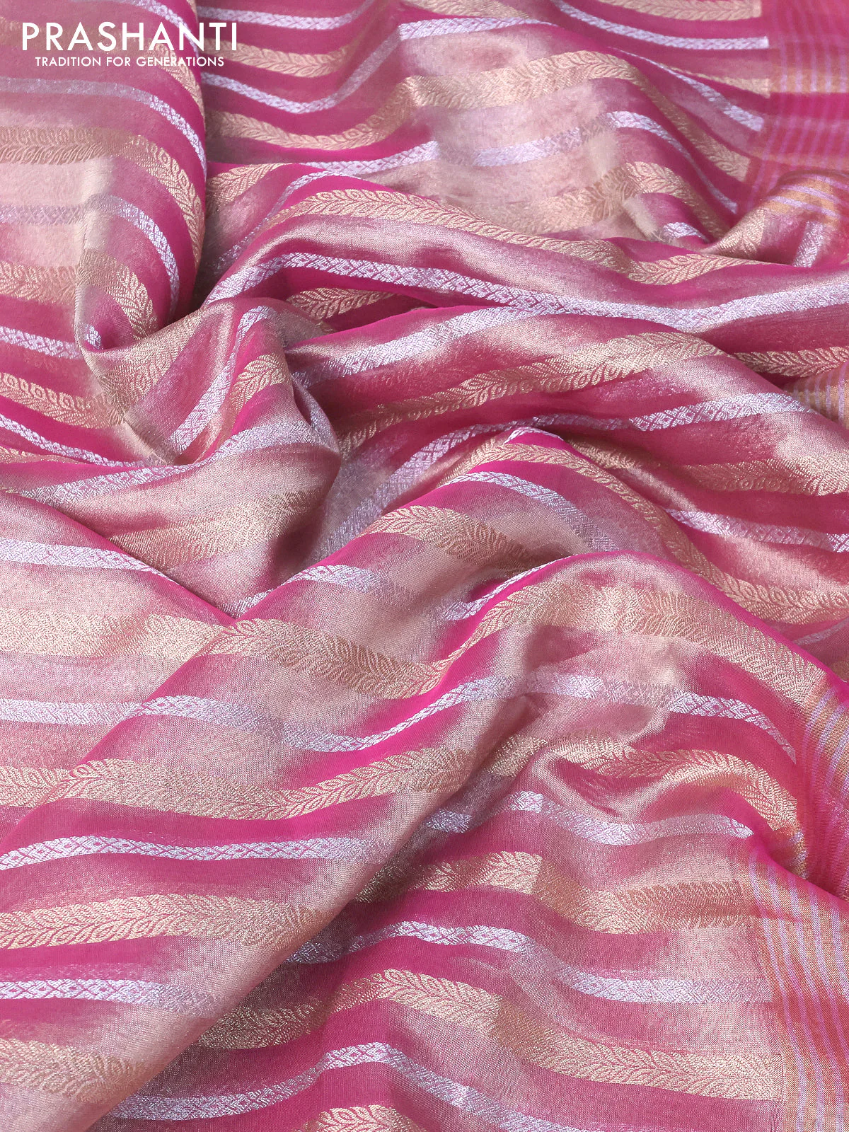 Tissue saree pink with allover silver & gold zari weaves and lace work border - Image 3