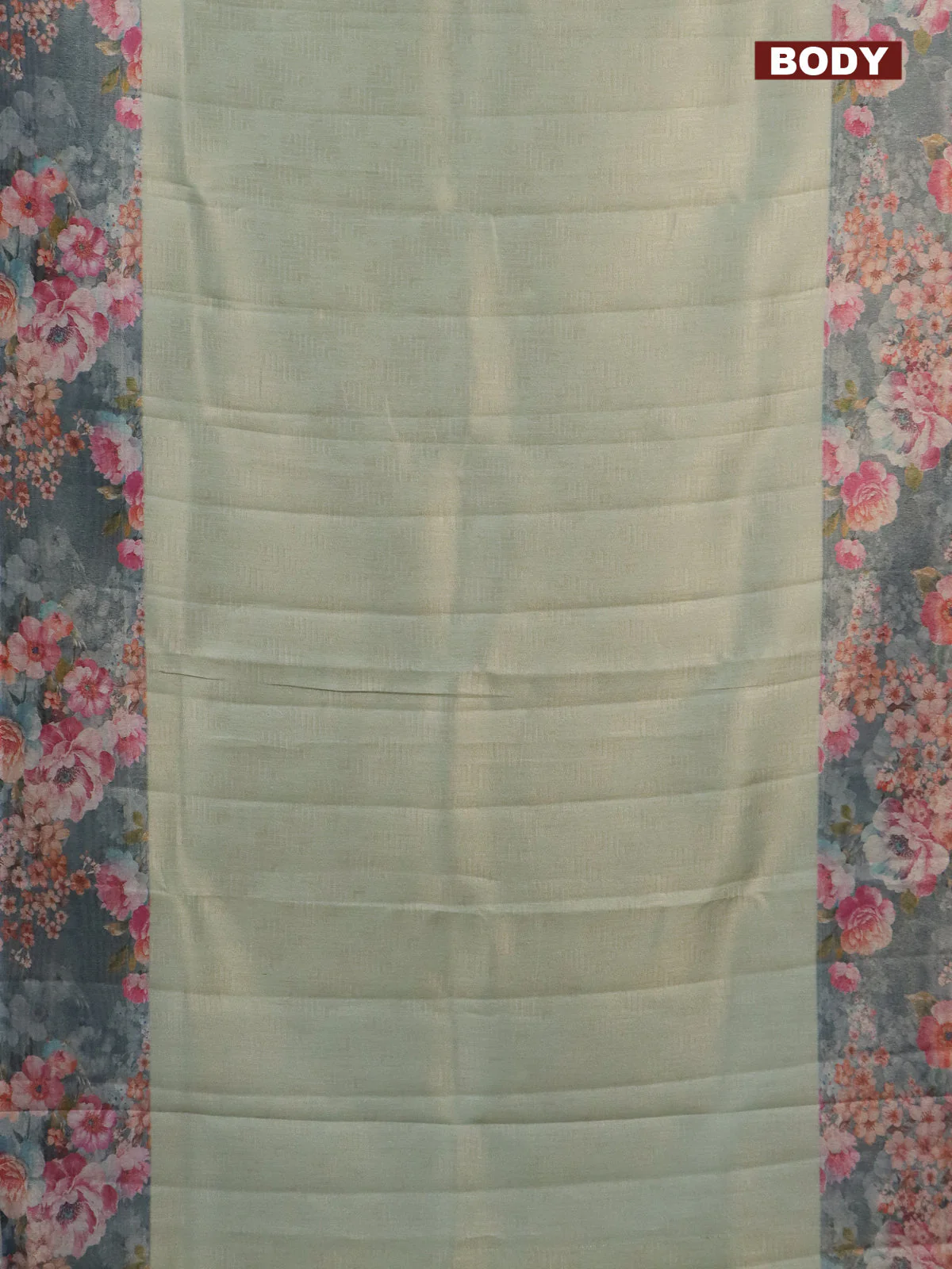 Tissue saree pista green and grey with allover zari weaves and floral digital printed border - Image 2