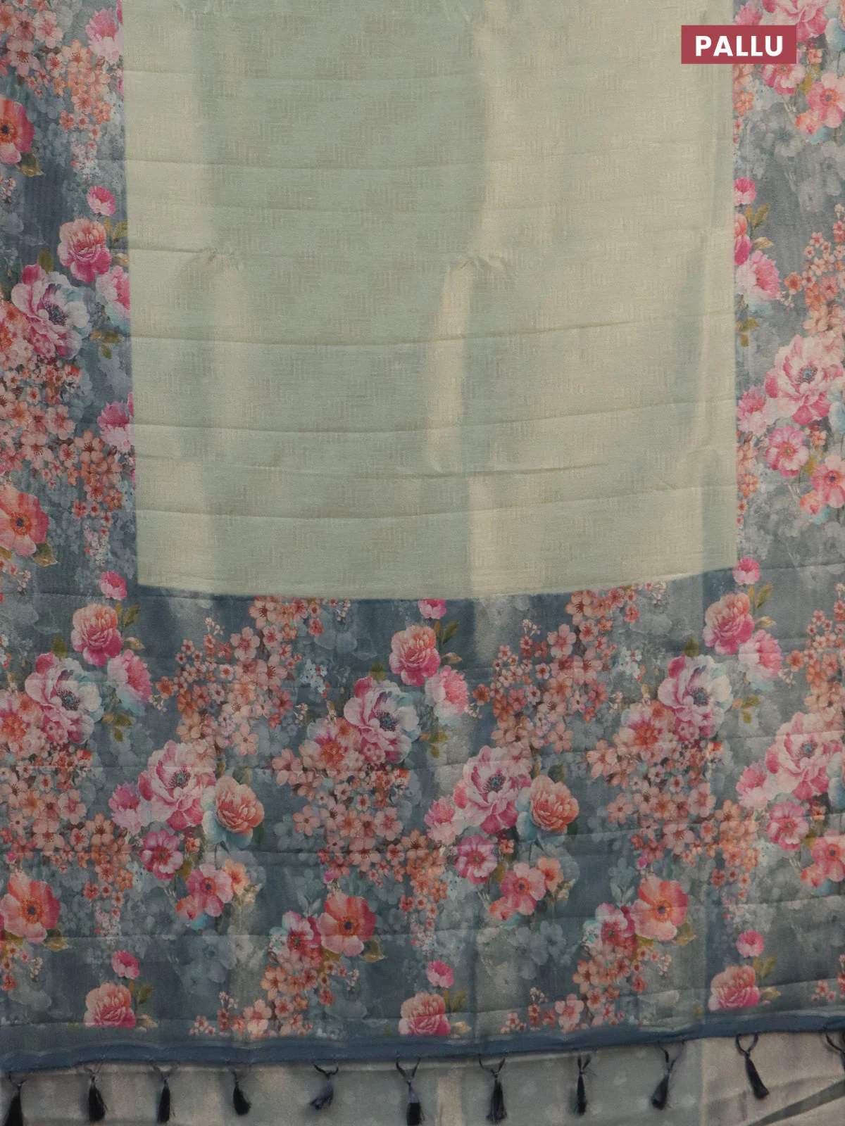 Tissue saree pista green and grey with allover zari weaves and floral digital printed border - Image 3