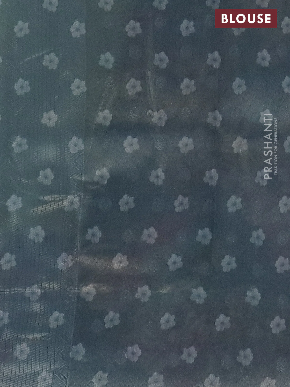 Tissue saree pista green and grey with allover zari weaves and floral digital printed border - Image 4