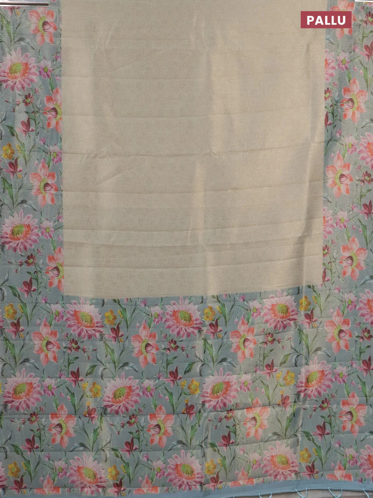 Tissue saree pista green and light blue with allover zari weaves and floral digital printed border - Image 3
