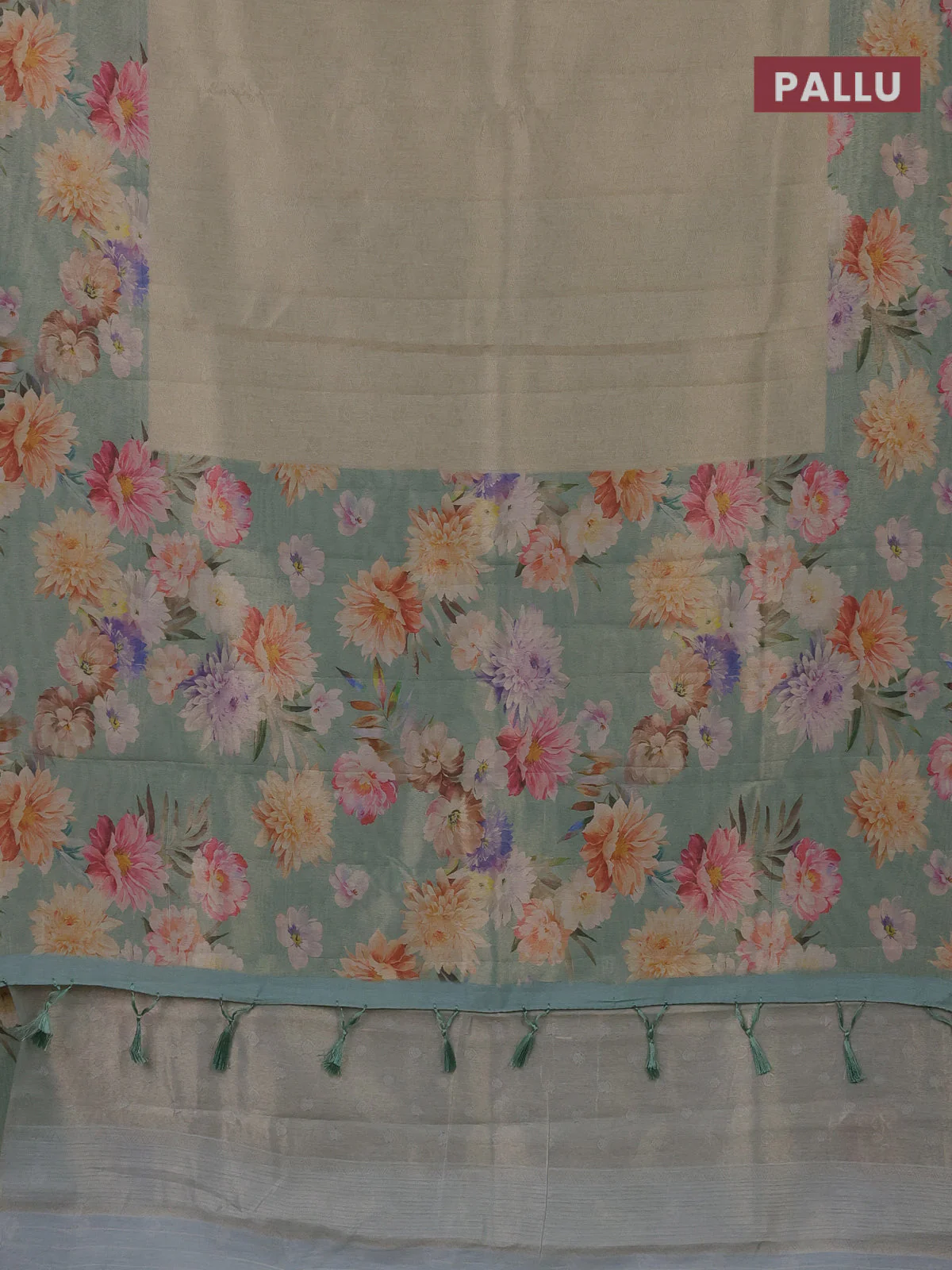 Tissue saree pista green shade and pastel green with allover zari weaves and floral digital printed border - Image 3