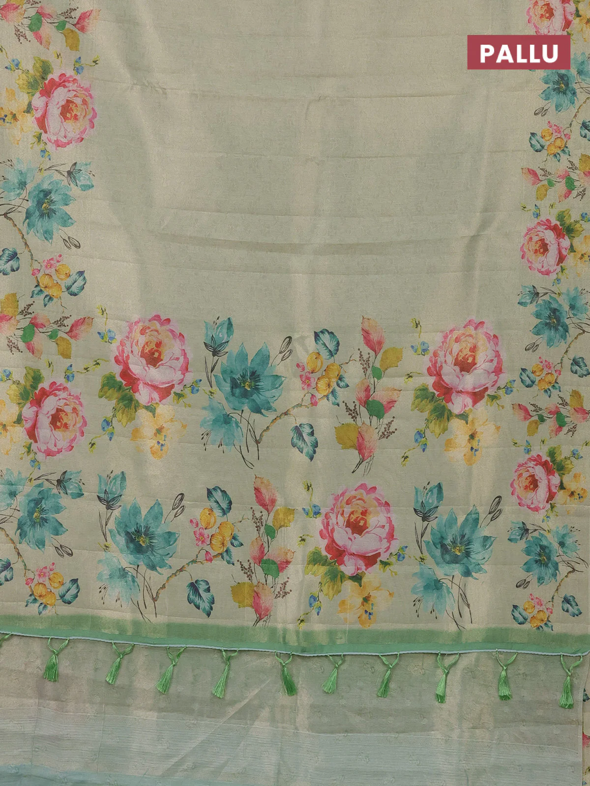 Tissue saree pista green with allover zari weaves and digital printed border - Image 3