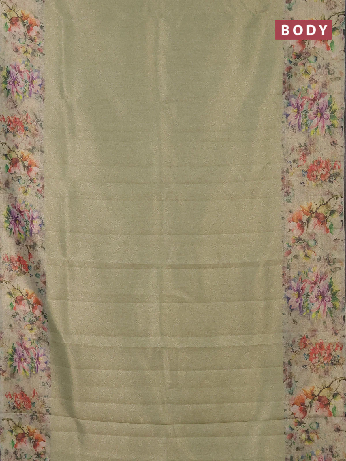 Tissue saree pista green with allover zari weaves and floral digital printed border - Image 2