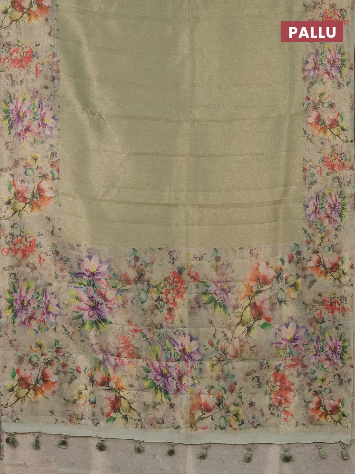 Tissue saree pista green with allover zari weaves and floral digital printed border - Image 3