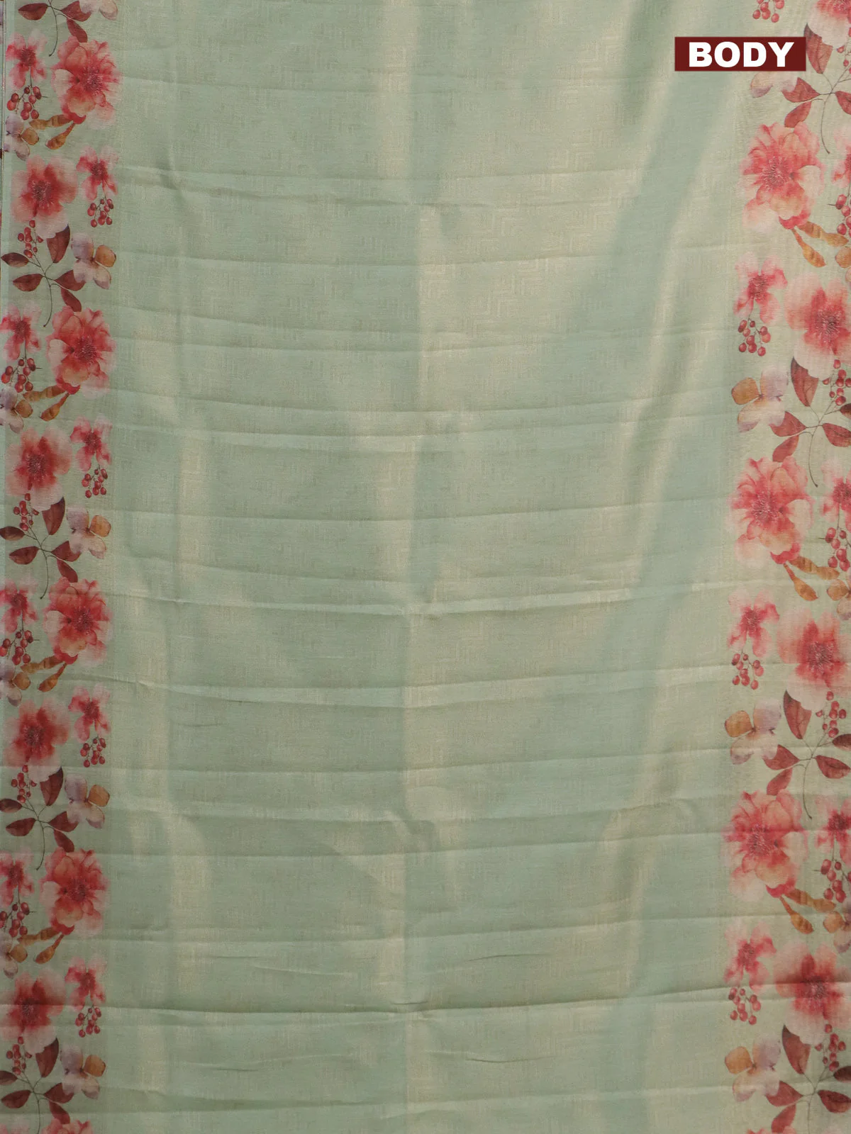 Tissue saree pista green with allover zari weaves and floral digital printed border - Image 2