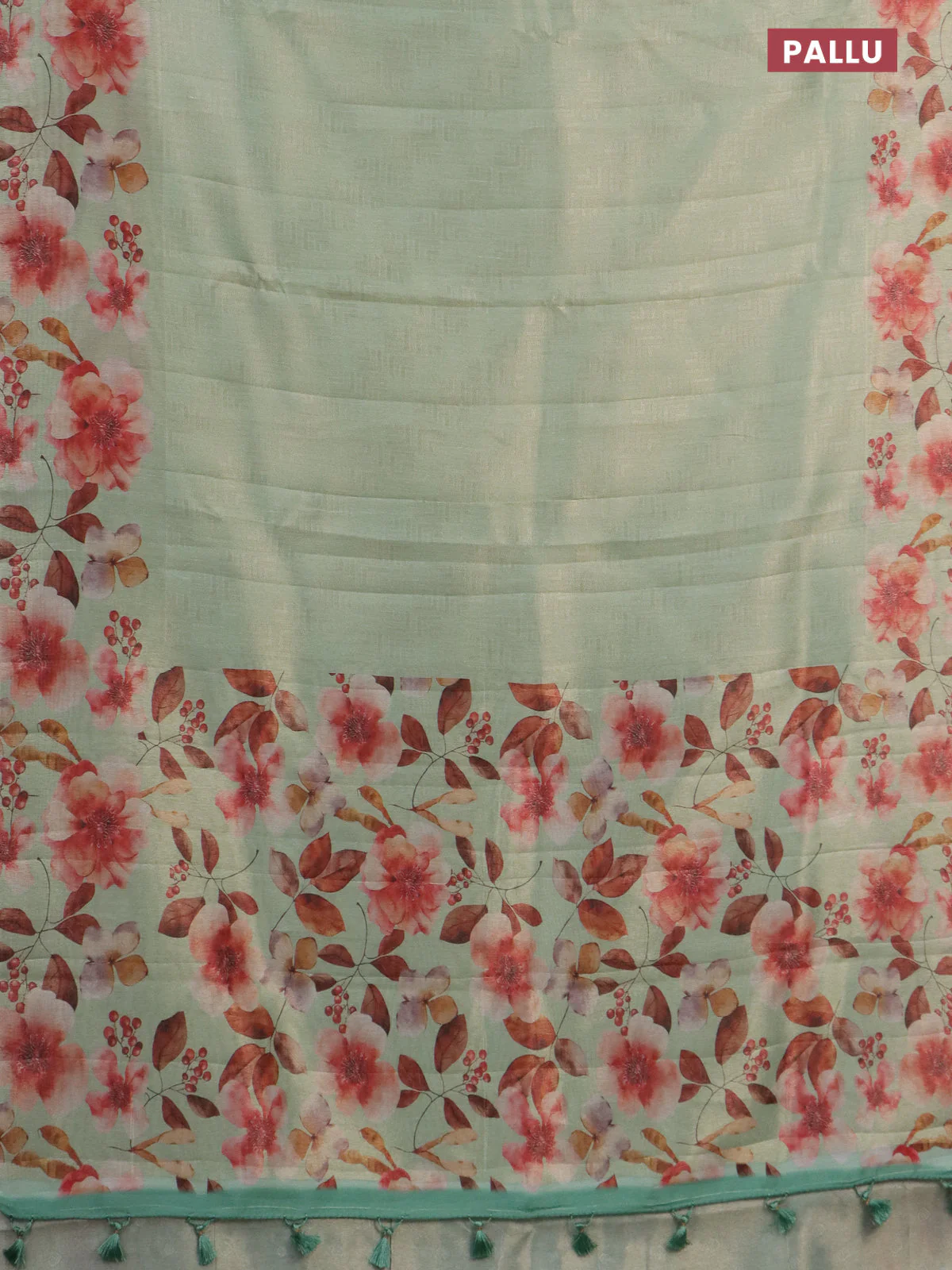 Tissue saree pista green with allover zari weaves and floral digital printed border - Image 3