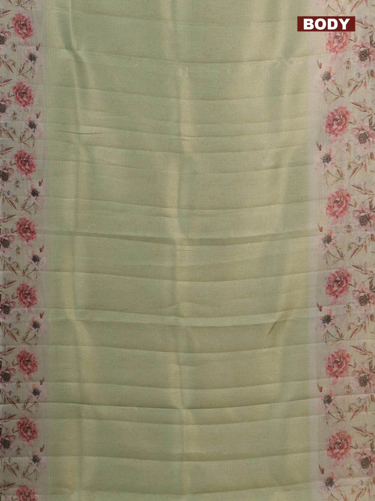 Tissue saree pista green with allover zari weaves and floral digital printed border - Image 2