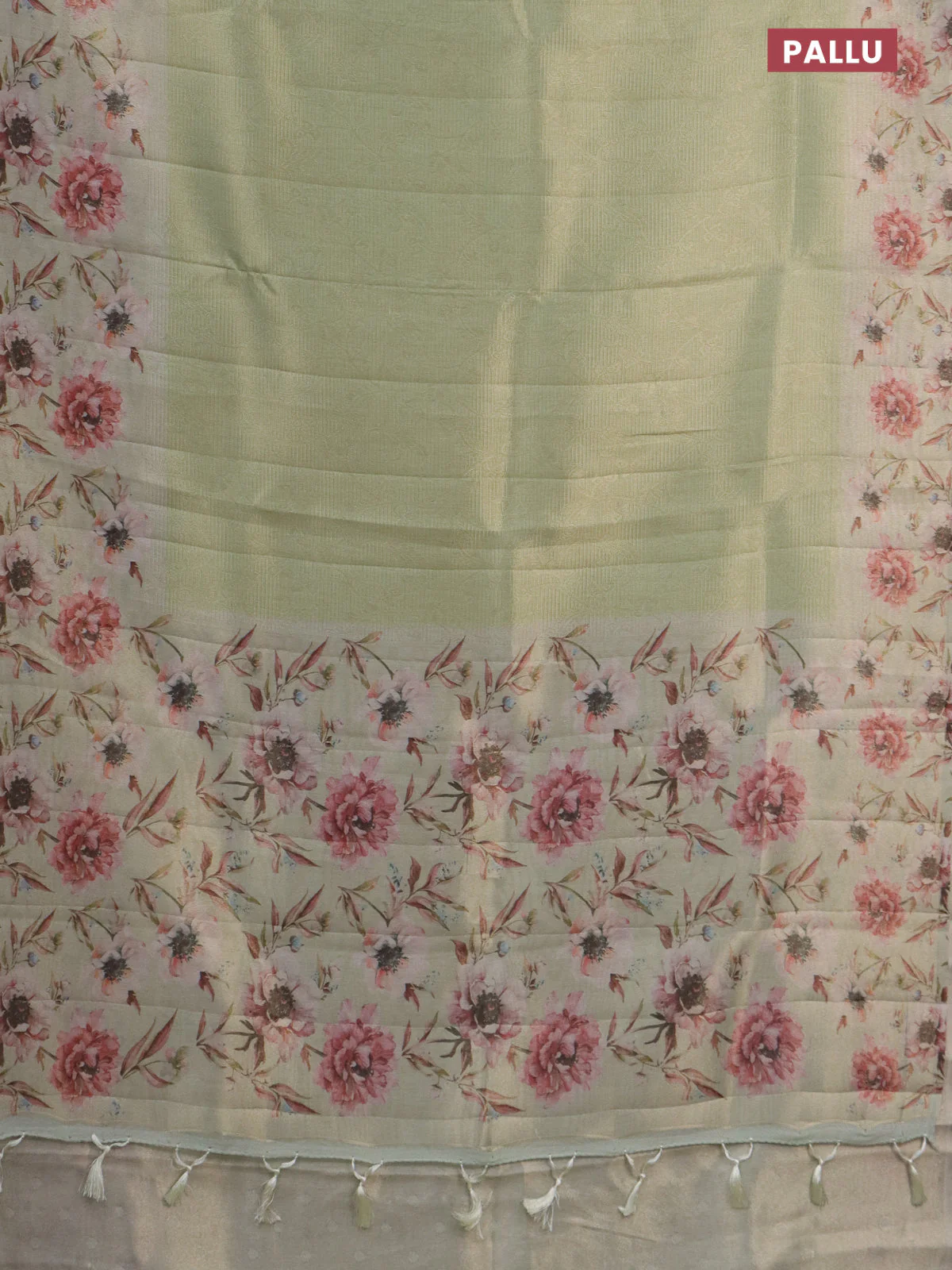 Tissue saree pista green with allover zari weaves and floral digital printed border - Image 3