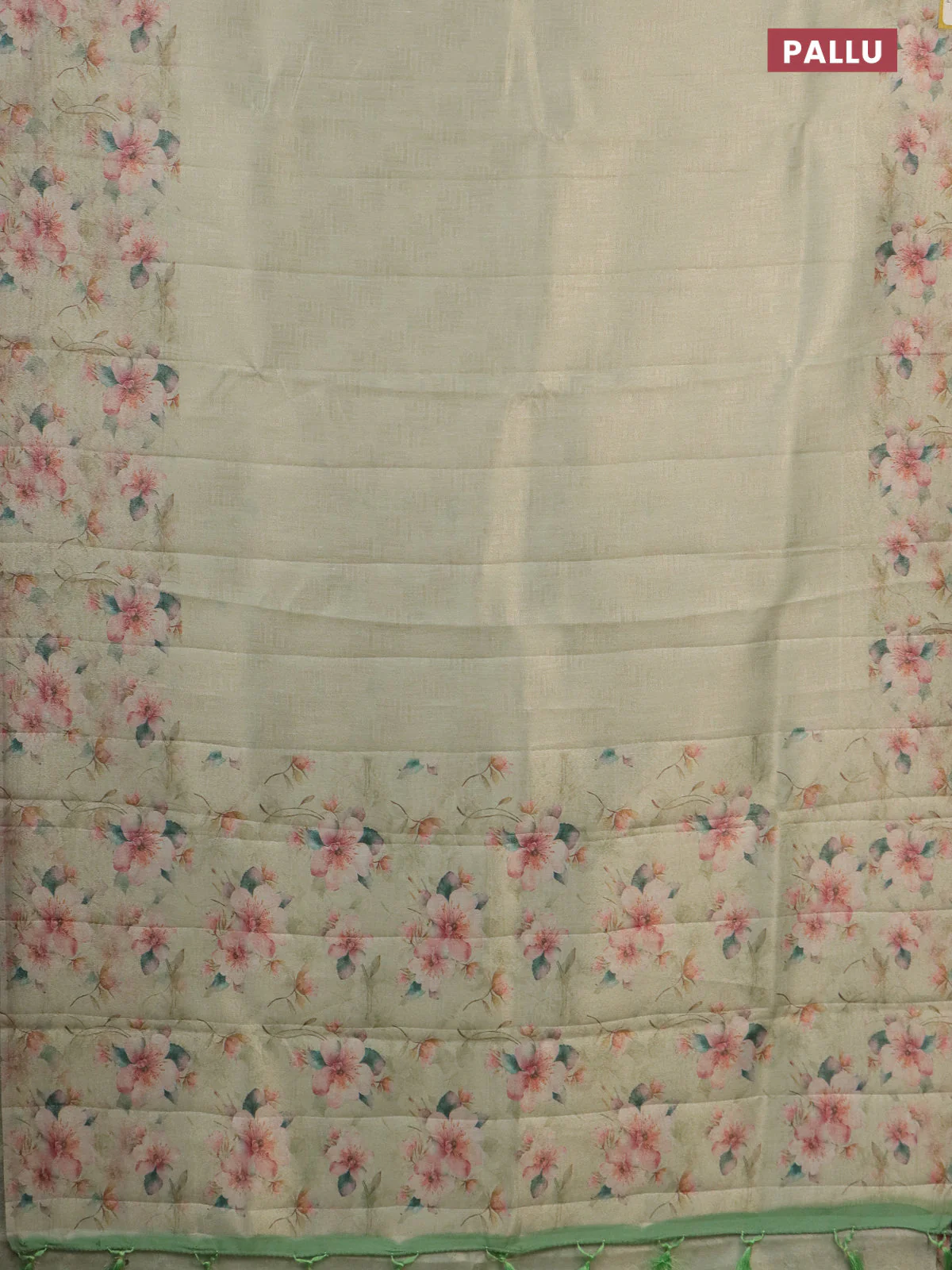 Tissue saree pista green with allover zari weaves and floral digital printed border - Image 3